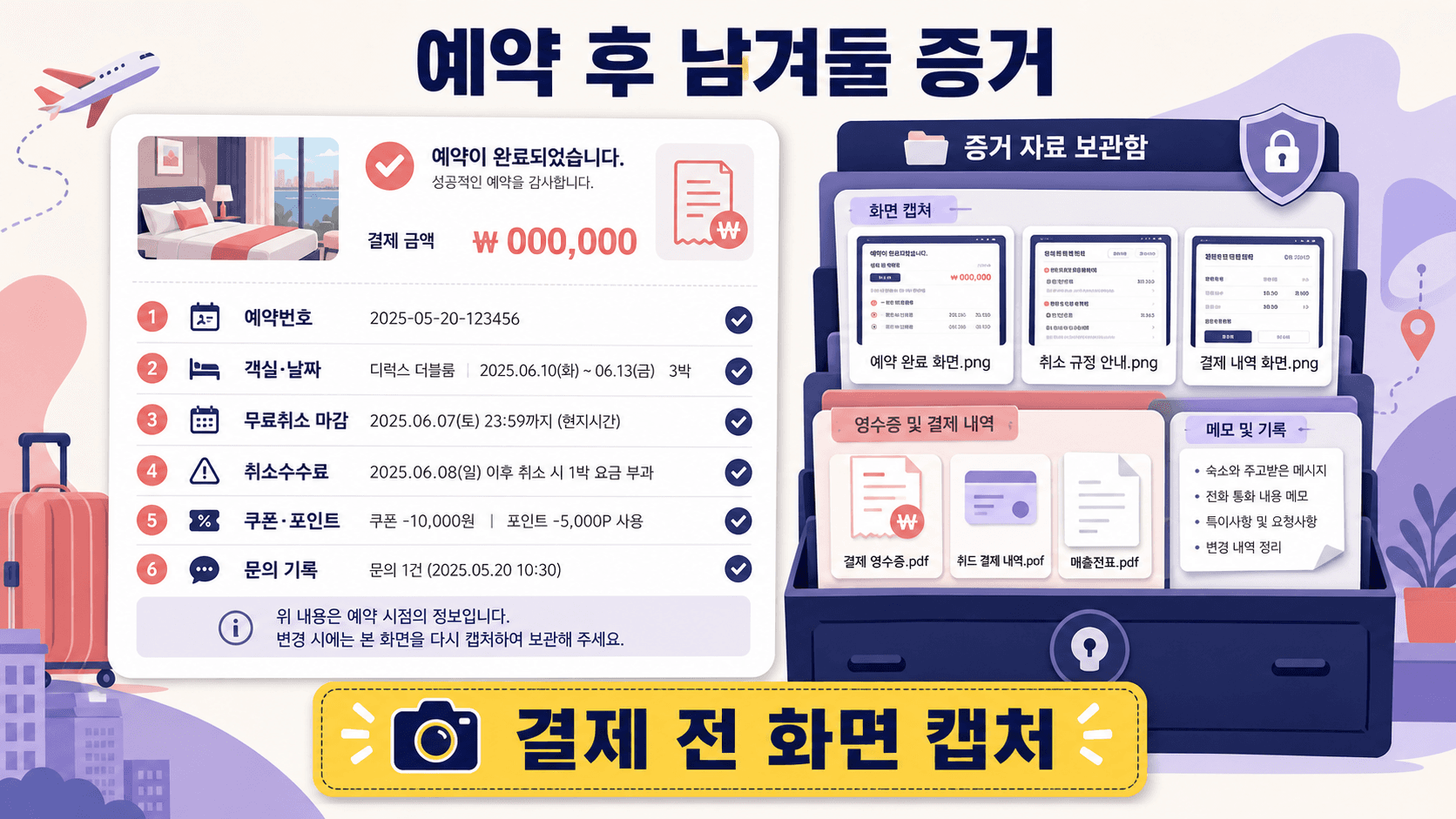 숙박 예약 후 예약번호 객실 날짜 무료취소 마감 취소수수료 쿠폰 포인트 문의기록을 보관하는 영수증 이미지
