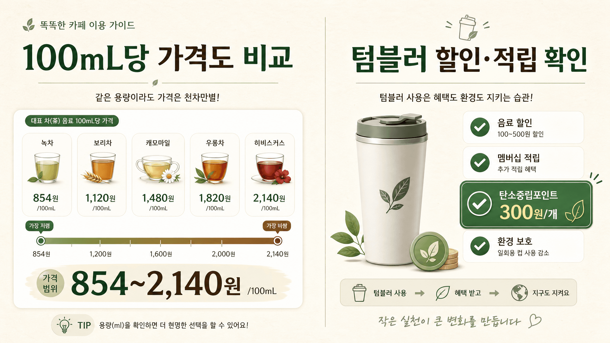 카페 차음료 100mL당 가격과 텀블러 할인 탄소중립포인트 적립 확인 인포그래픽