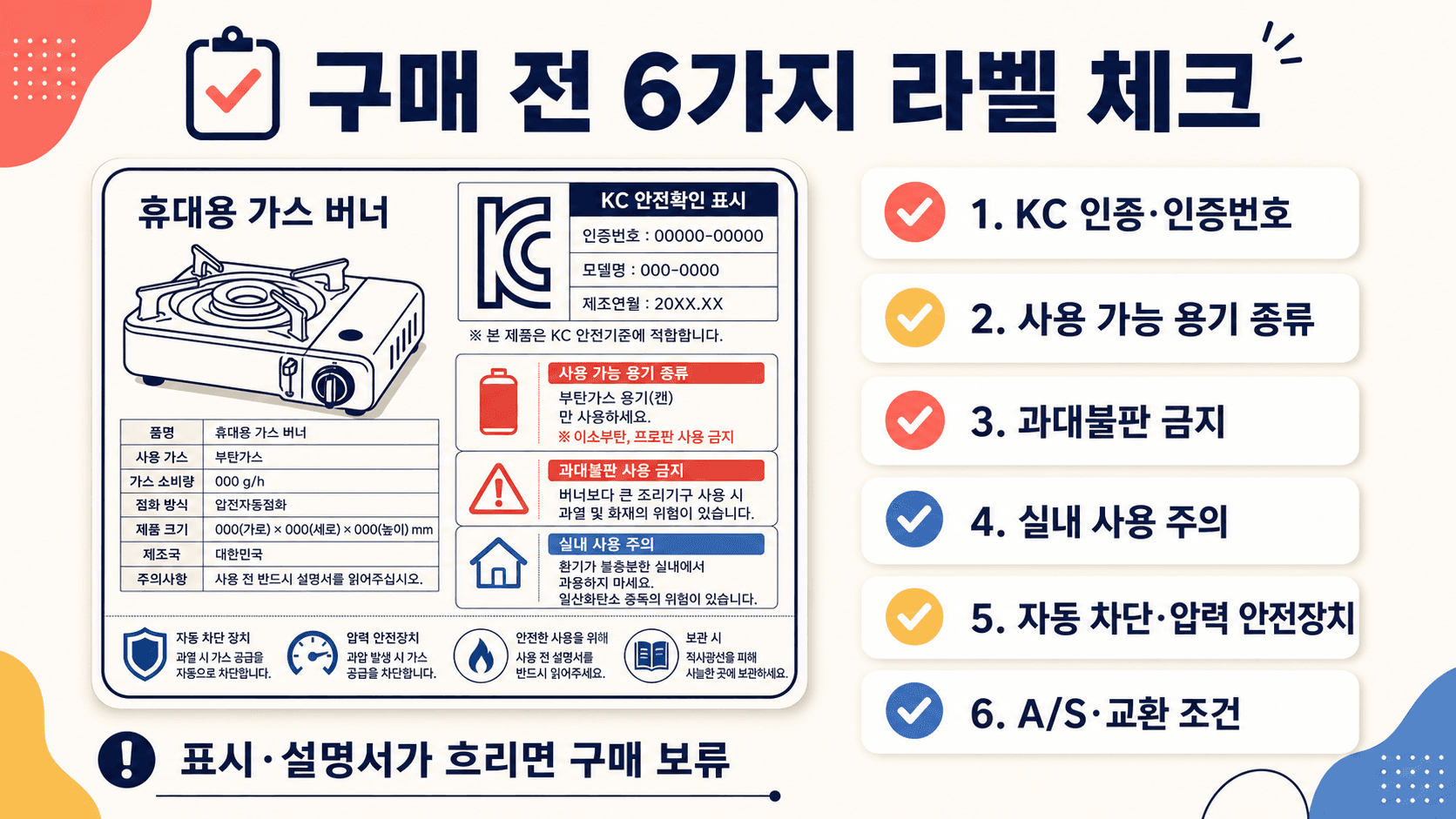 캠핑용 가스버너 구매 전 KC 인증 사용 가능 용기 과대불판 금지 실내 사용 주의 안전장치 A/S 조건을 확인하는 체크리스트 이미지