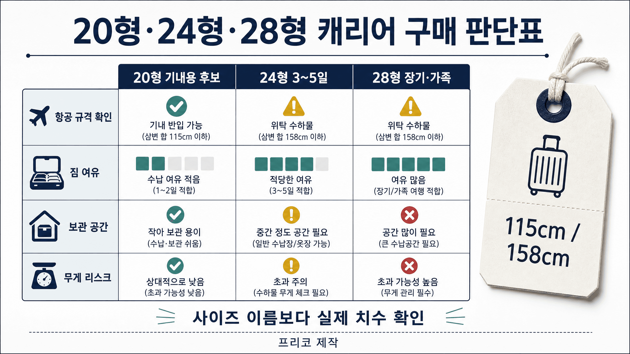 20형 24형 28형 캐리어를 기내용 후보 단기 여행 장기 여행 기준으로 비교한 표 이미지