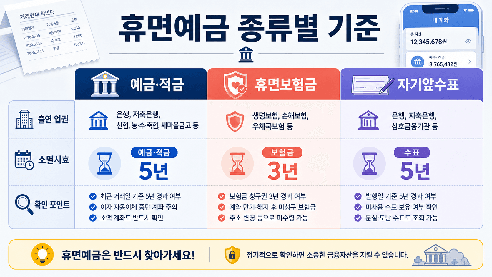 휴면예금 휴면보험금 자기앞수표의 출연 업권 소멸시효 확인 포인트를 비교한 정보형 표 이미지