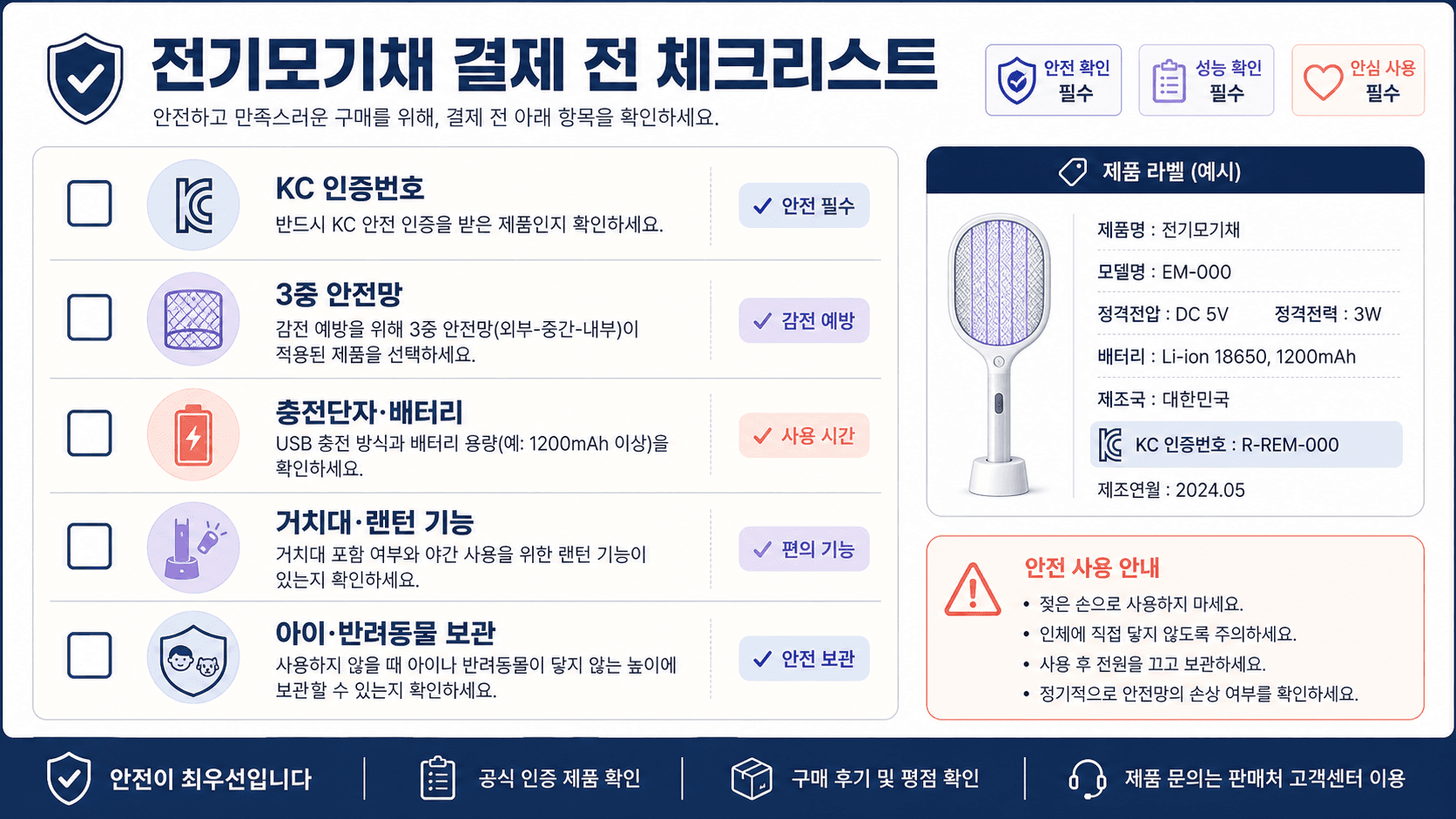 전기모기채 결제 전 KC 인증번호 안전망 충전방식 보관 안전 체크리스트 이미지