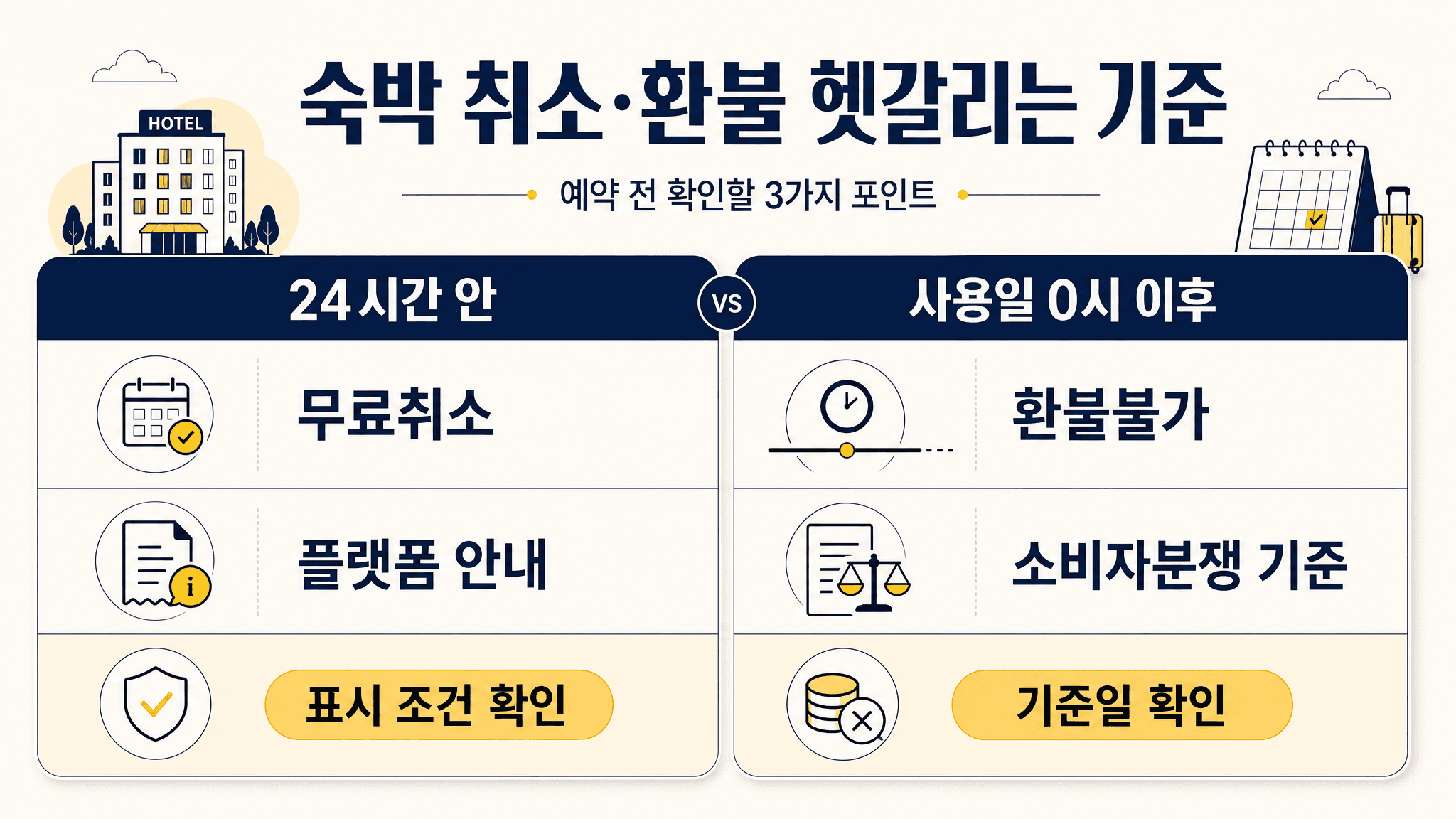 숙박 예약 취소 기준에서 24시간 안 사용일 0시 무료취소 환불불가 문구를 비교한 표 이미지