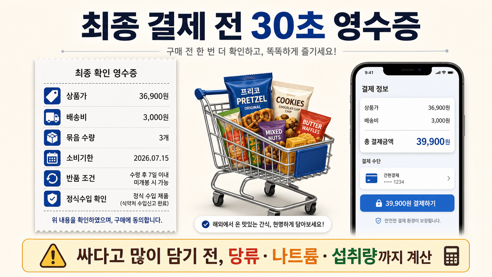 수입 간식 온라인 구매 전 상품가 배송비 묶음 수량 소비기한 반품 조건 정식수입 여부를 계산하는 영수증 이미지