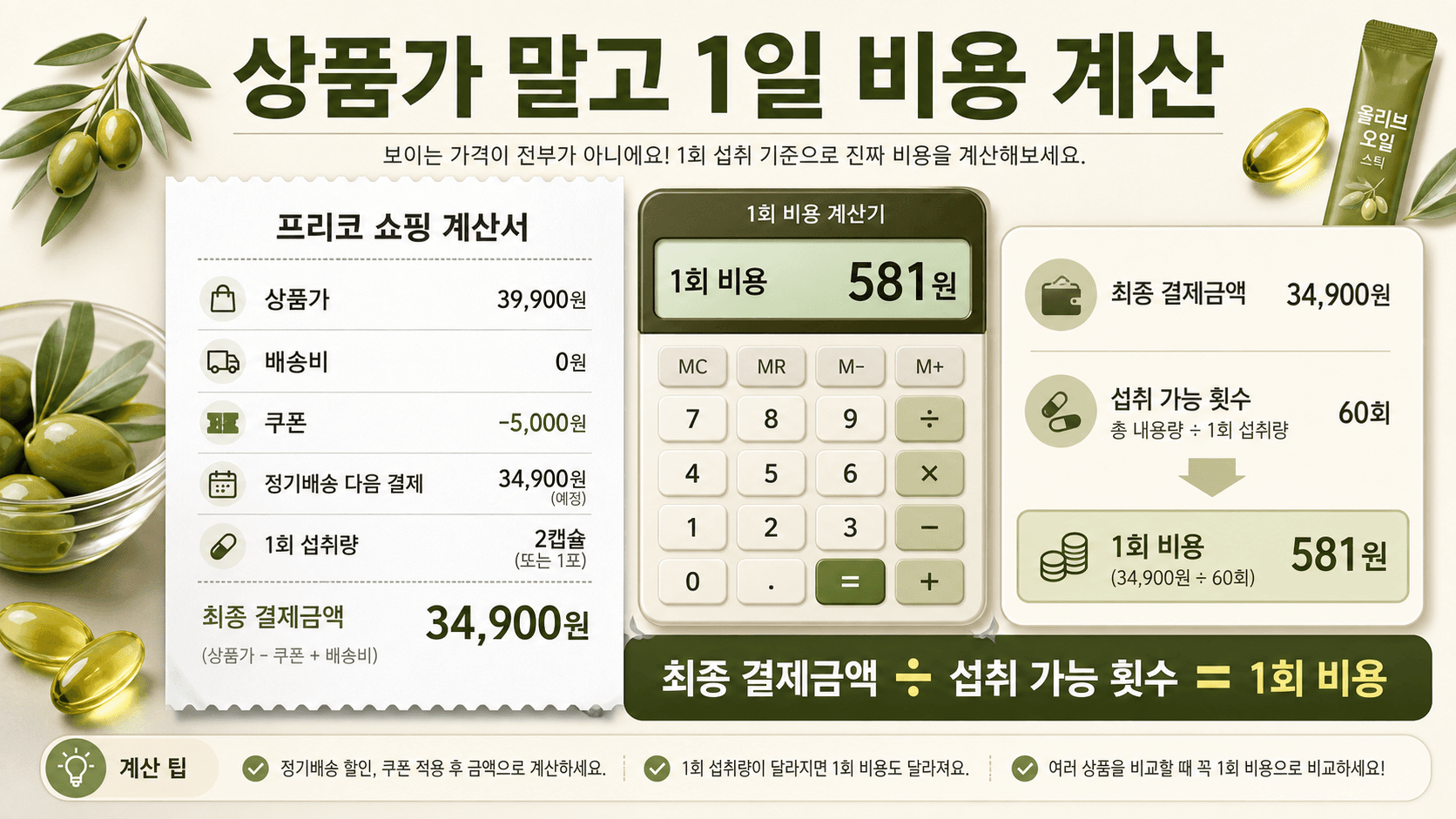 올리브유 상품가 배송비 쿠폰 정기배송 다음 결제를 반영해 1회 비용을 계산하는 영수증형 이미지