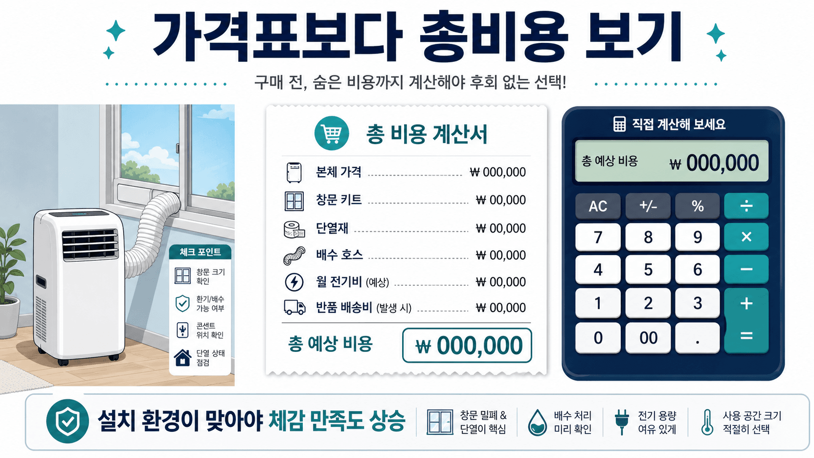 이동식 에어컨 본체 가격 창문 키트 단열재 배수 호스 월 전기비 반품 배송비 총비용 계산 영수증