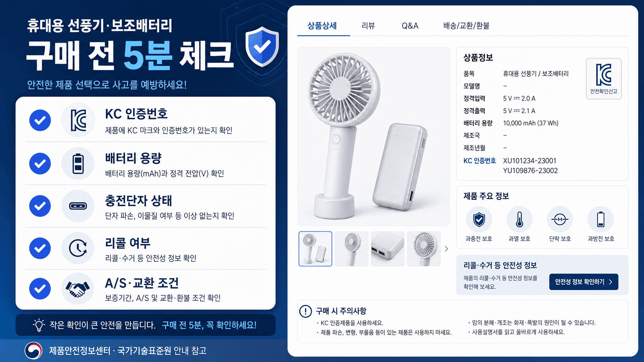 휴대용 선풍기 구매 전 KC 인증번호 배터리 용량 충전단자 리콜 여부 A/S 조건을 확인하는 체크리스트 이미지
