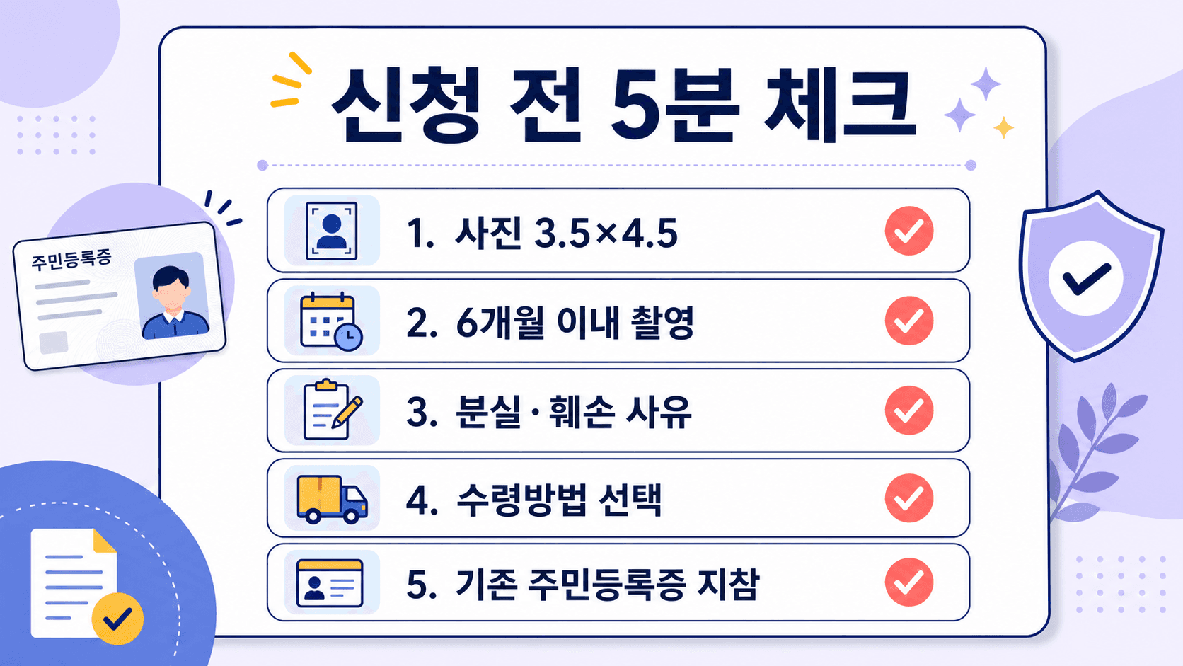 주민등록증 재발급 신청 전 사진 규격 촬영일 수령방법 기존 주민등록증 지참을 확인하는 체크리스트 이미지