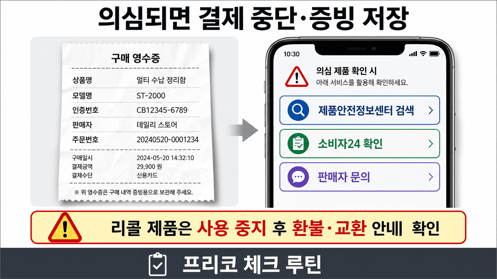 여름용품 리콜 의심 시 주문번호 모델명 인증번호 판매자 정보를 저장하고 제품안전정보센터 소비자24를 확인하는 영수증 UI
