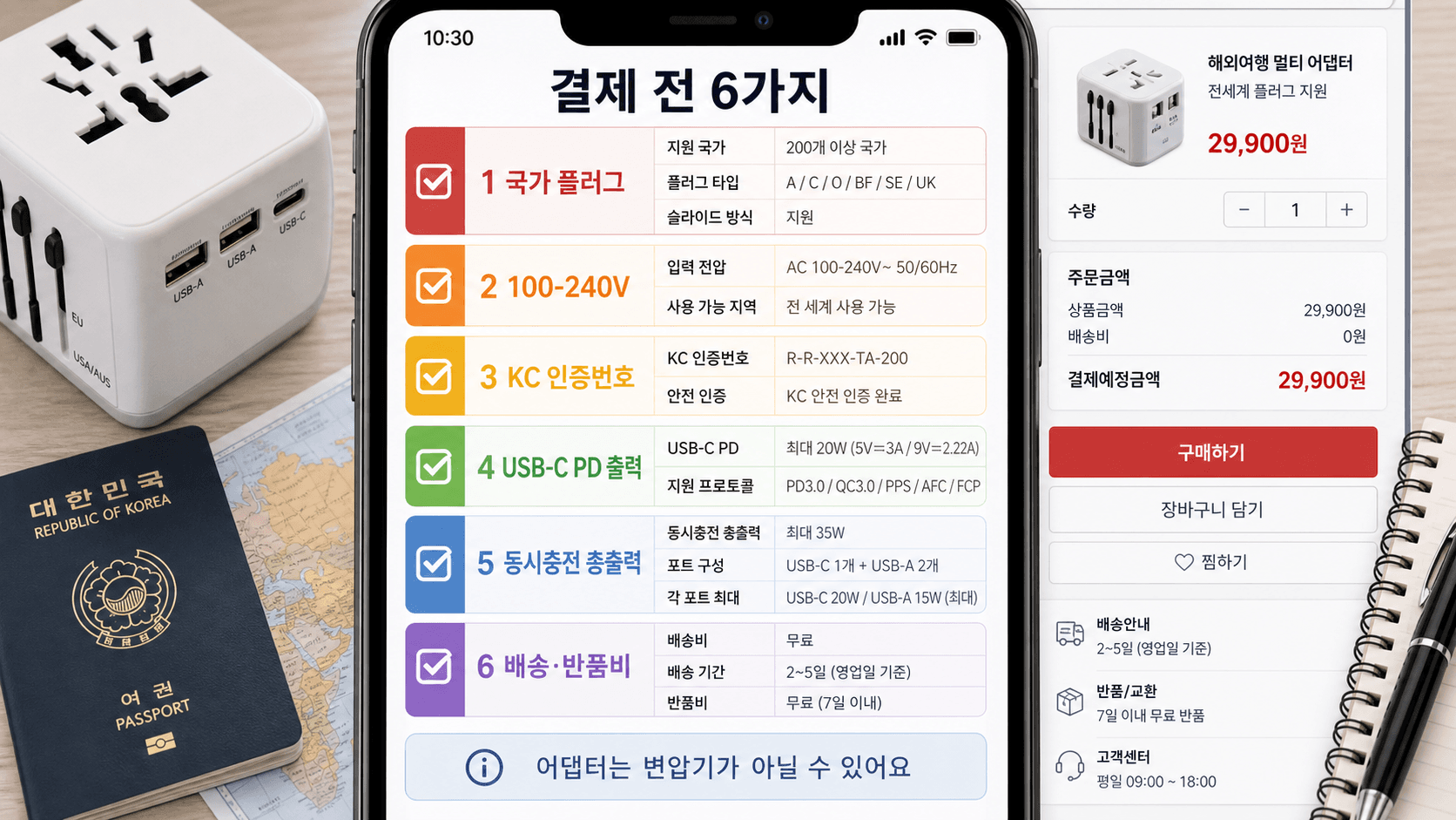 해외여행용 멀티어댑터 결제 전 국가 플러그 100-240V KC 인증번호 USB-C PD 출력 동시충전 총출력 배송 반품비를 확인하는 체크리스트 이미지