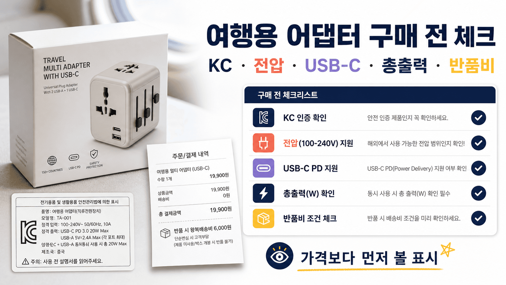 해외여행용 멀티어댑터와 USB-C 충전기 구매 전 KC 전압 총출력 반품비를 확인하는 정보형 쇼핑 UI 이미지