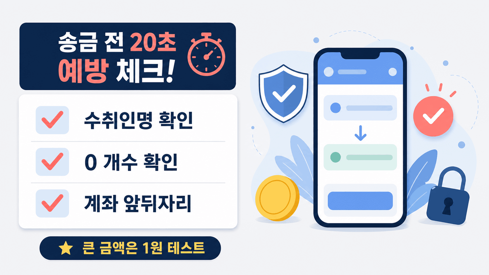 계좌이체 전 수취인명, 금액의 0 개수, 계좌 앞뒤자리를 확인하고 큰 금액은 1원 테스트를 권하는 예방 체크 이미지