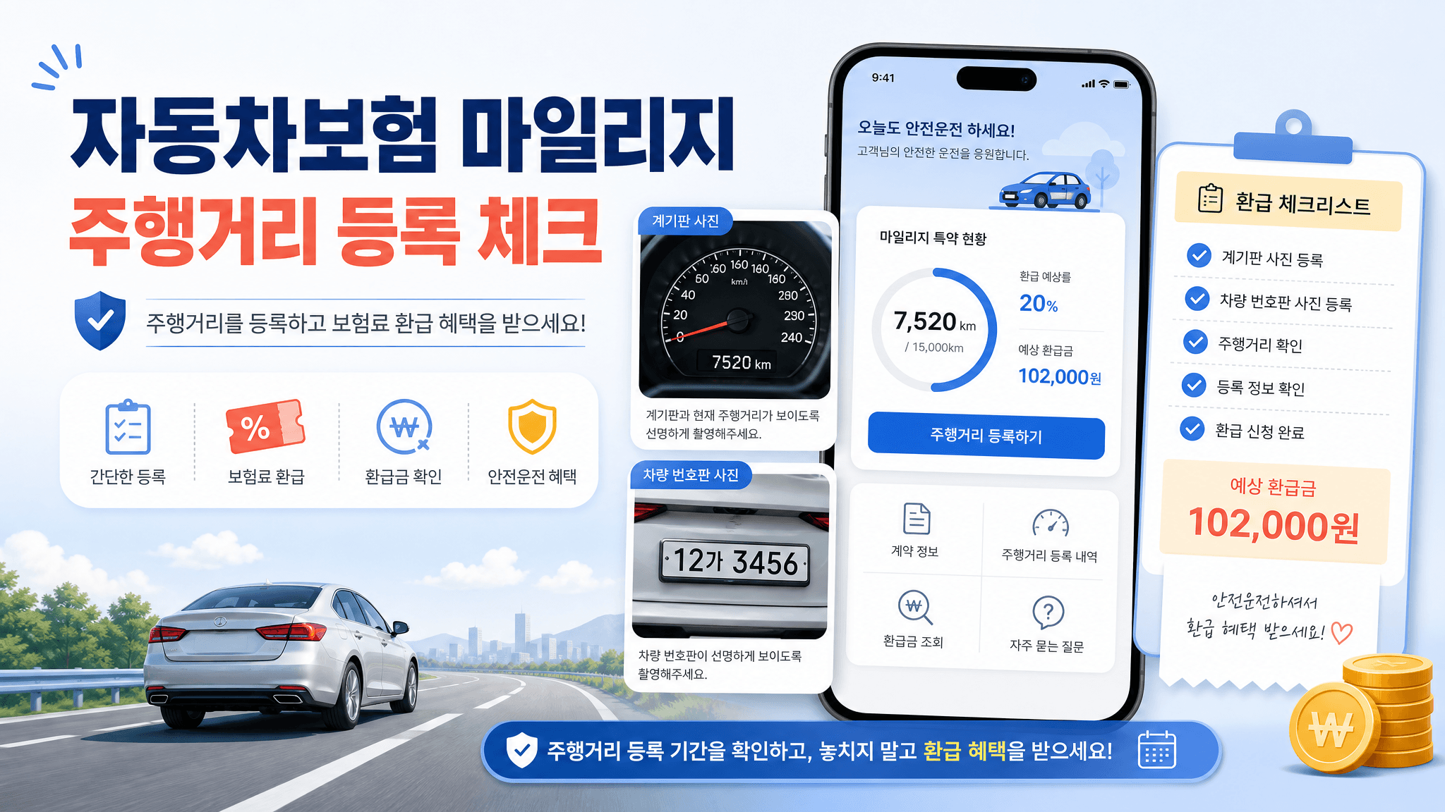 자동차보험 마일리지 특약 환급을 위해 계기판 사진과 번호판 사진을 등록하는 보험 앱 화면형 이미지