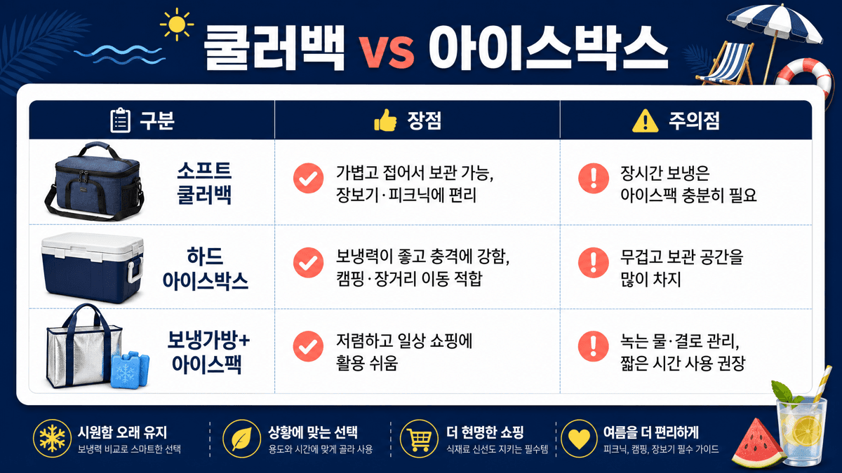 소프트 쿨러백 하드 아이스박스 보냉가방과 아이스팩 조합을 장점과 주의점으로 비교한 표 이미지
