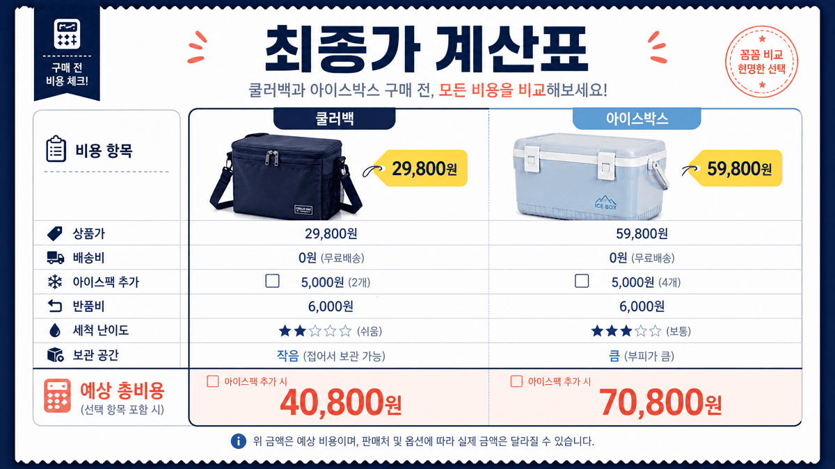 쿨러백과 아이스박스 최종가를 상품가 배송비 아이스팩 추가 반품비 세척 난이도 보관 공간까지 계산하는 영수증형 이미지