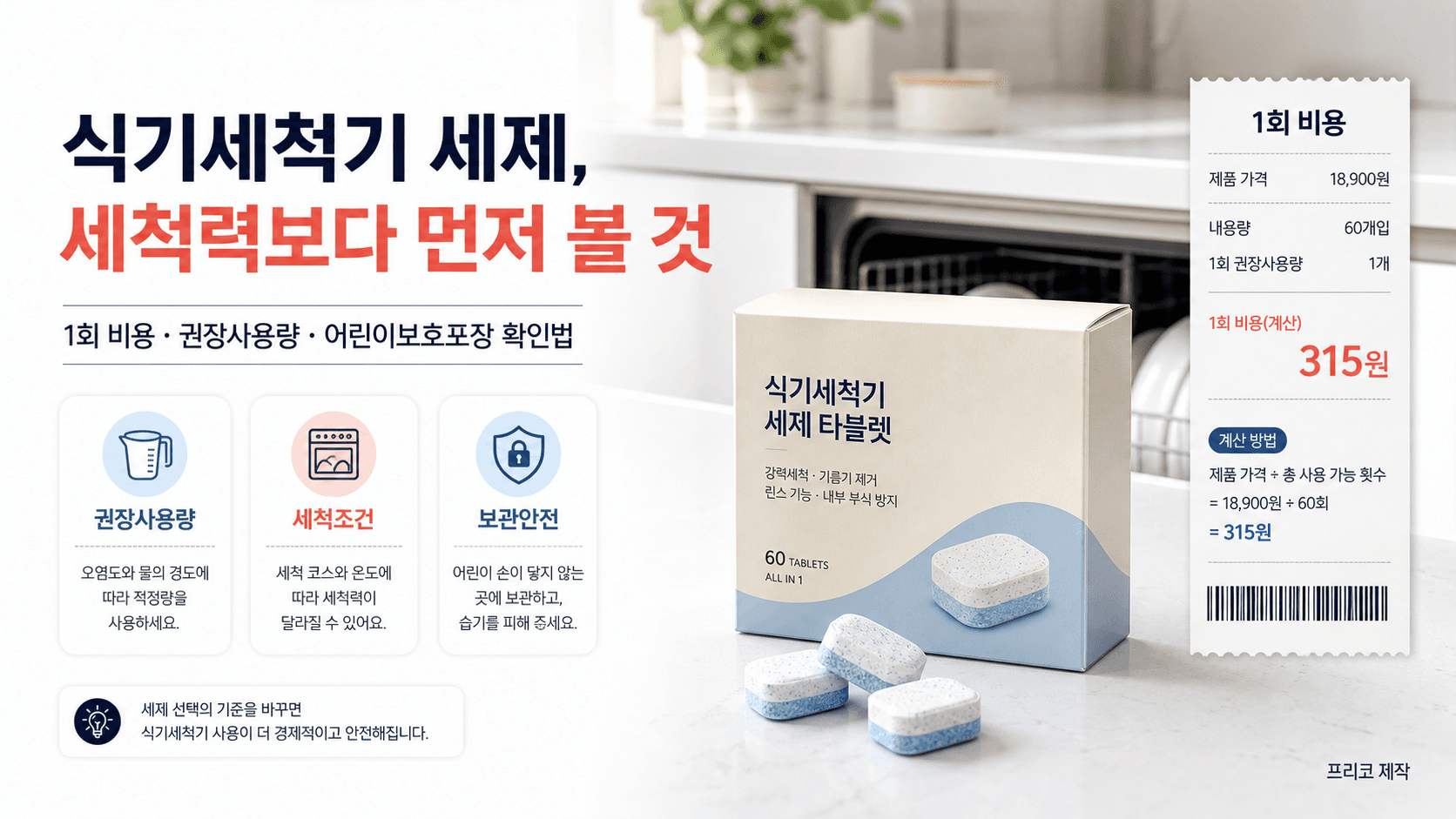 식기세척기 세제 구매 전 1회 비용 권장사용량 보관안전을 확인하는 프리코 쇼핑 가이드 이미지