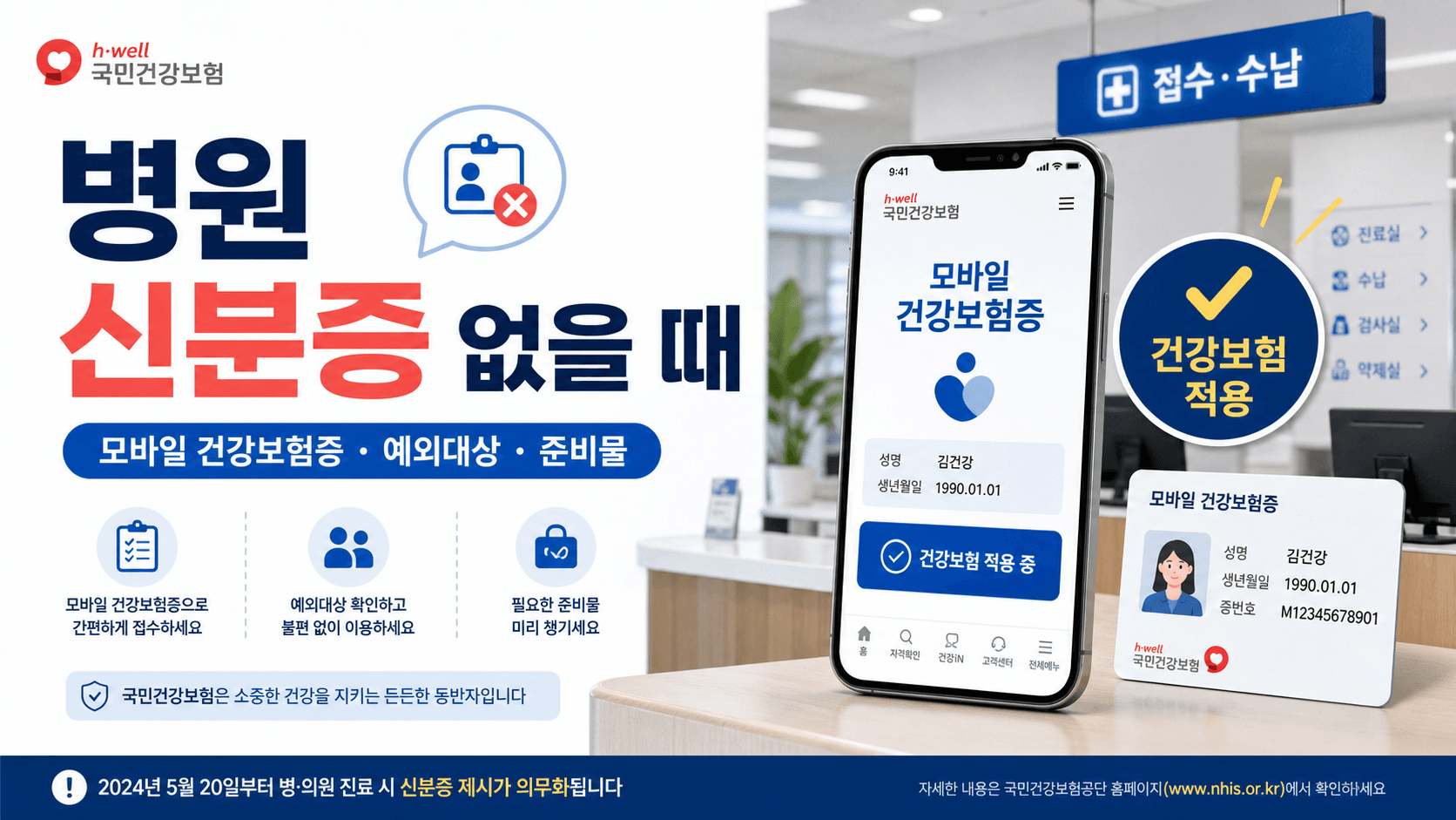 병원 접수 창구와 모바일 건강보험증 화면, 신분증 카드 아이콘을 함께 보여주는 정보형 대표 이미지