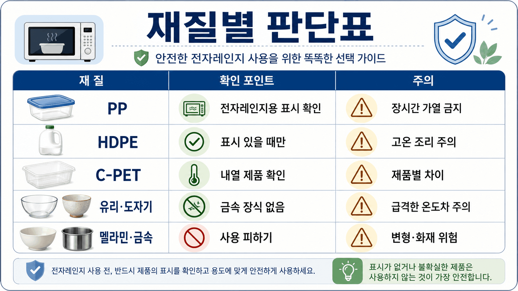 전자레인지 용기 재질별 PP HDPE C-PET 유리 도자기 멜라민 금속 사용 판단표 이미지