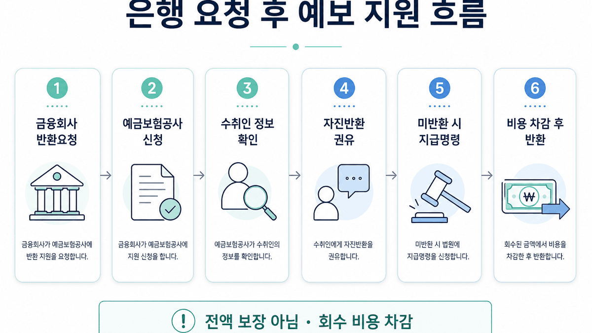금융회사 반환요청 후 예금보험공사 신청 자진반환 권유 지급명령 비용 차감 반환까지의 절차를 설명하는 이미지