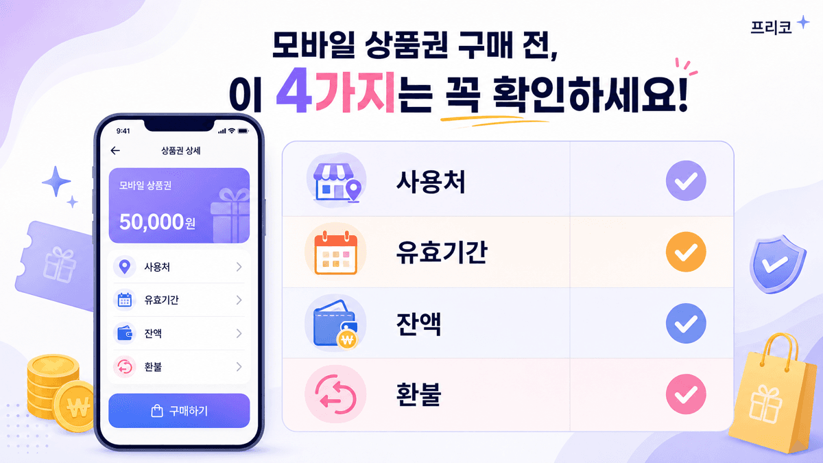 모바일상품권 구매 전 판매처 사용처 유효기간 잔액 환불 선물 양도 조건을 확인하는 체크리스트 이미지
