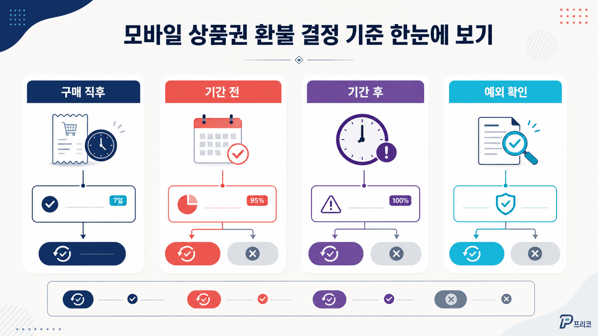 모바일상품권 구매 직후 유효기간 전 유효기간 후 예외 상황별 환불 기준을 정리한 표 이미지