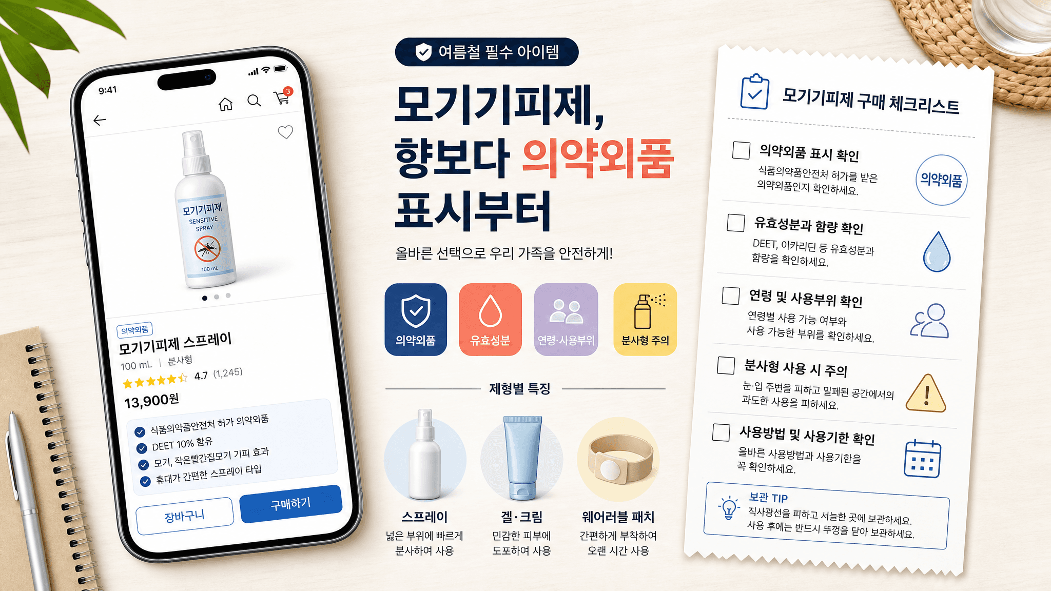 모기기피제 구매 전 의약외품 표시와 팔찌 스티커형 오인 주의를 보여주는 쇼핑 UI 이미지