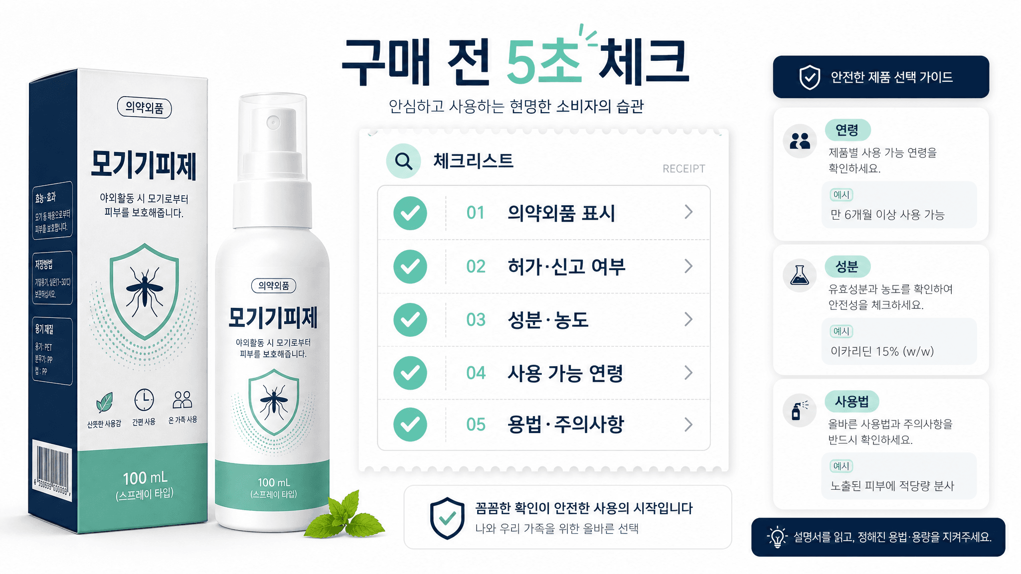 모기기피제 구매 전 의약외품 표시 허가 신고 여부 성분 농도 사용 가능 연령 용법 주의사항을 확인하는 체크리스트 이미지
