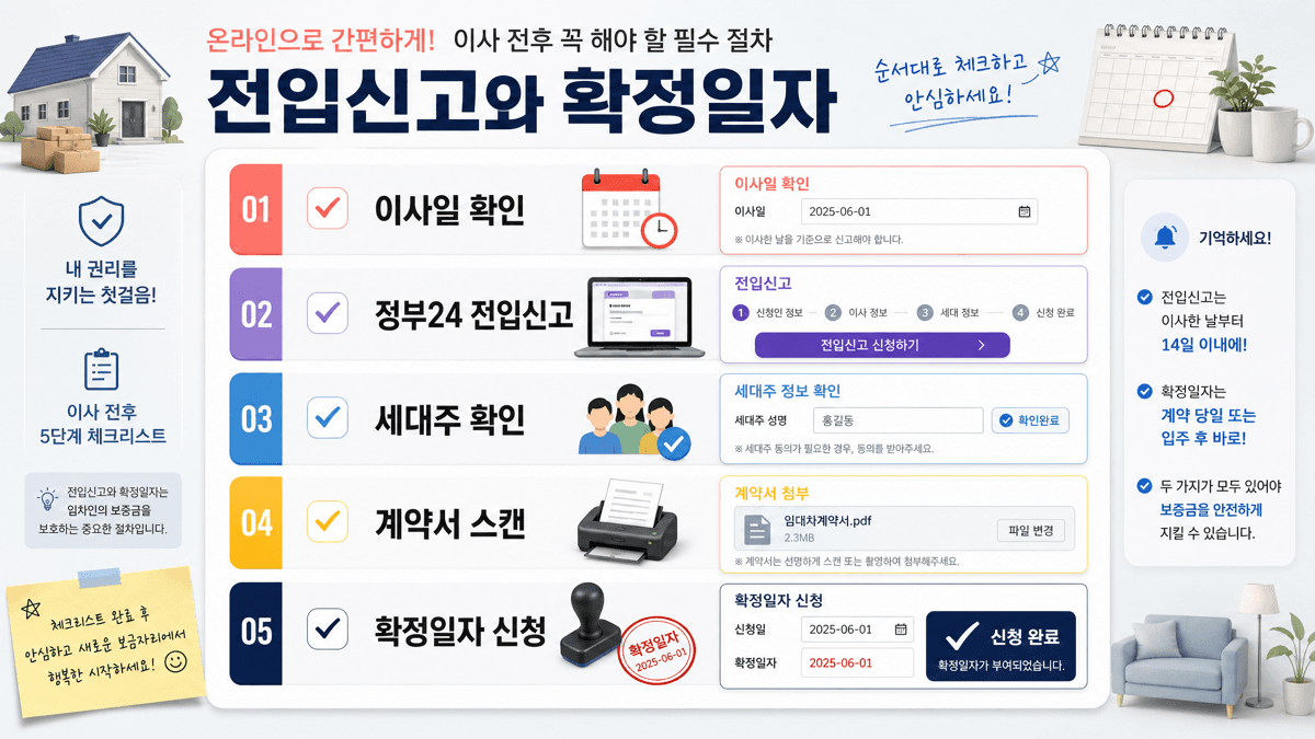 이사일 확인 정부24 전입신고 세대주 확인 계약서 스캔 확정일자 신청 순서의 체크리스트 이미지