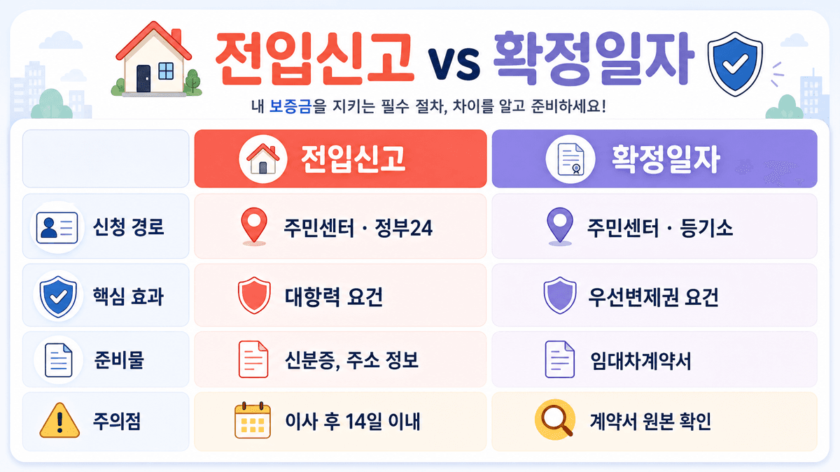 전입신고와 확정일자의 신청 경로 핵심 효과 준비물 주의점을 나란히 비교한 표 이미지
