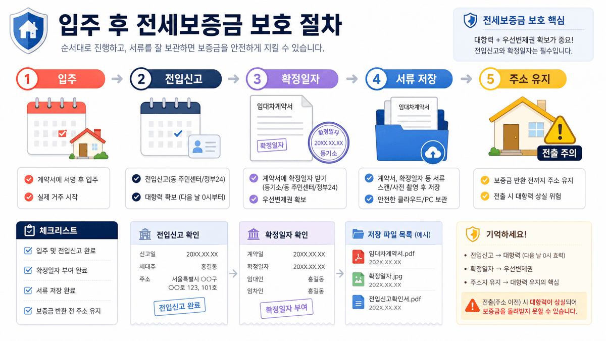 입주 전입신고 확정일자 서류 저장 주소 유지 순서와 전출 주의 경고를 보여주는 절차 이미지