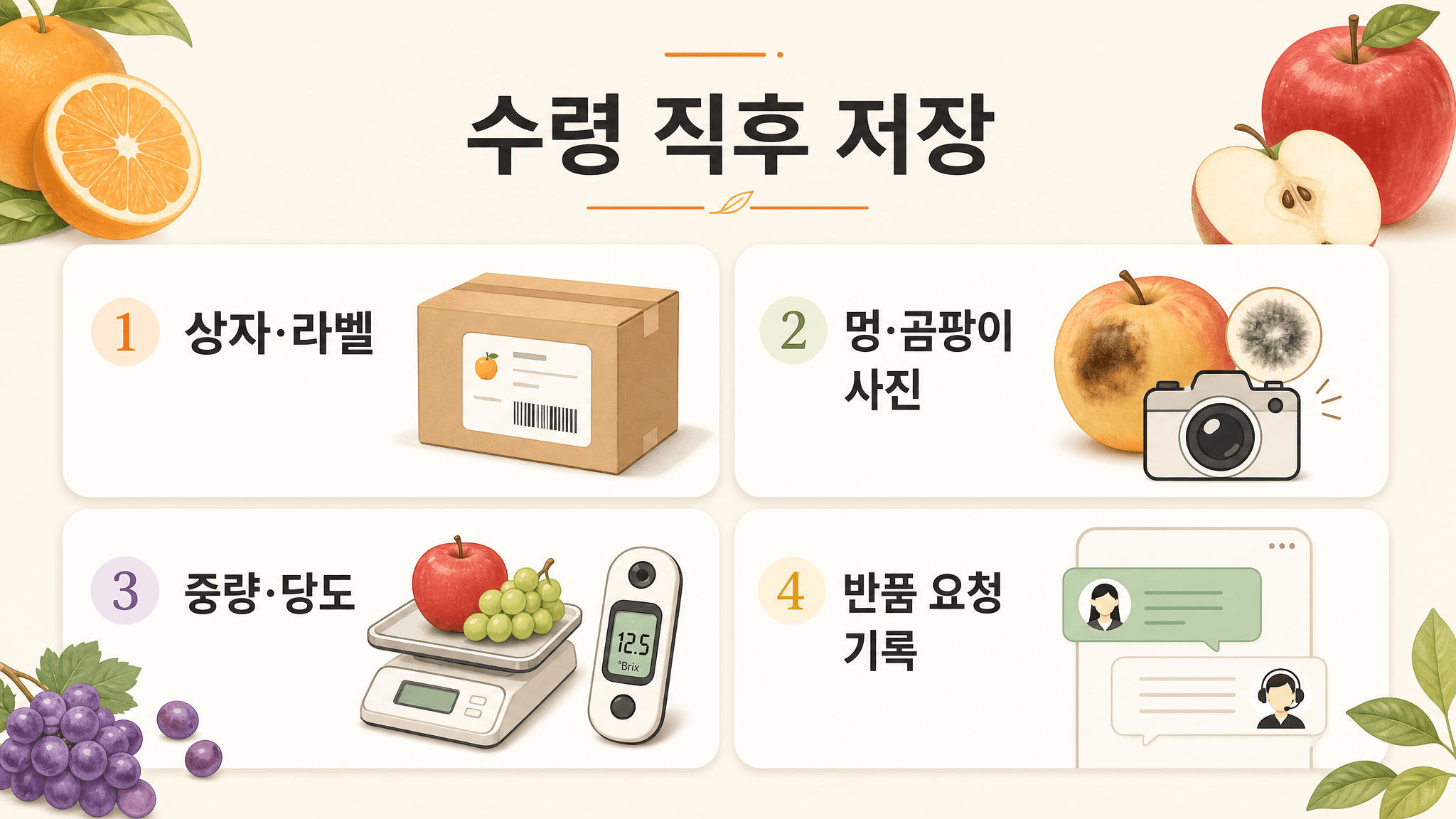 온라인 과일 수령 직후 상자 라벨 과일 상태 중량 당도 고객센터 기록을 저장하는 증거 체크리스트 이미지