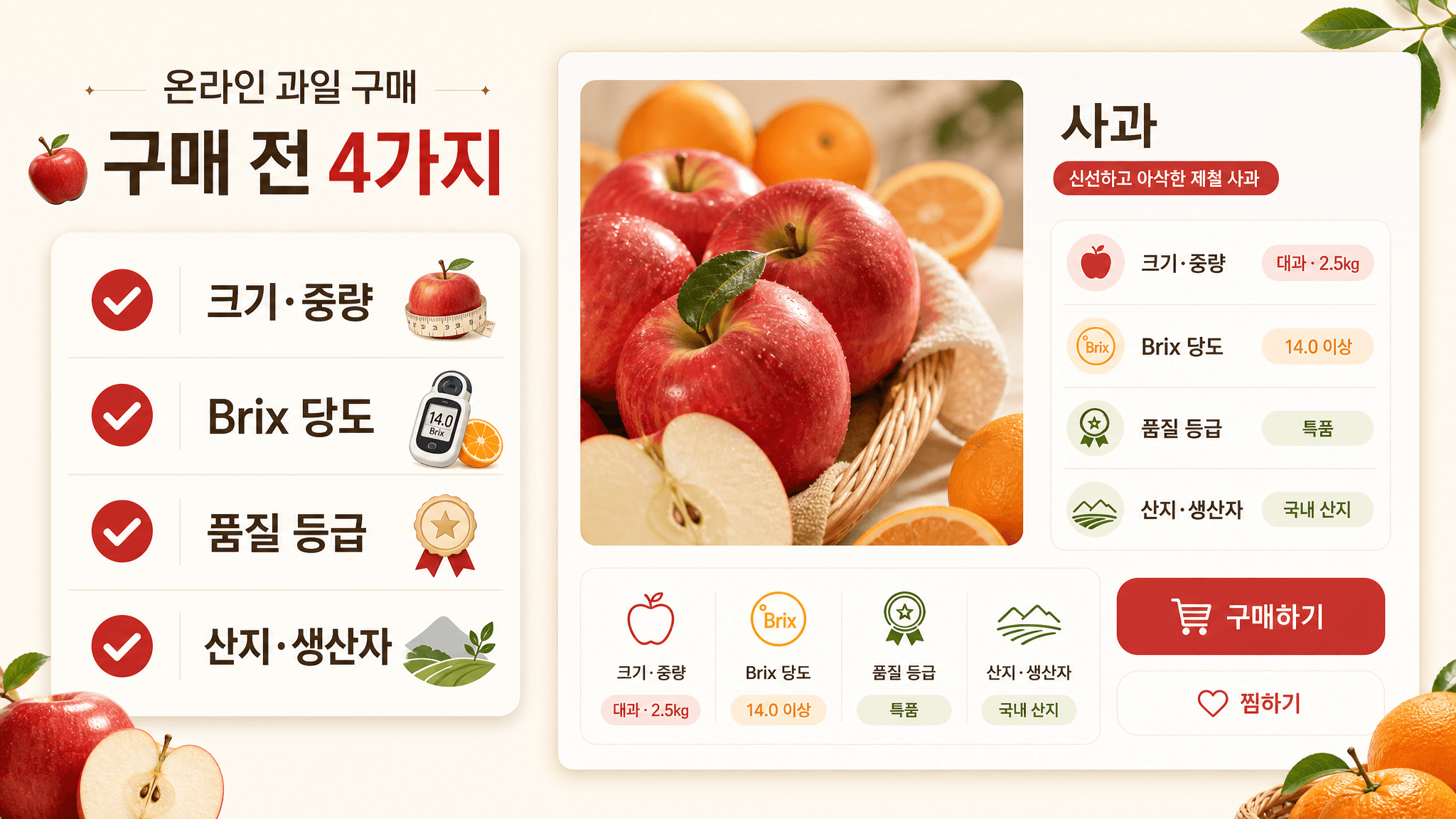 온라인 과일 구매 전 크기 중량 Brix 당도 품질 등급 산지 생산자를 확인하는 체크리스트 이미지