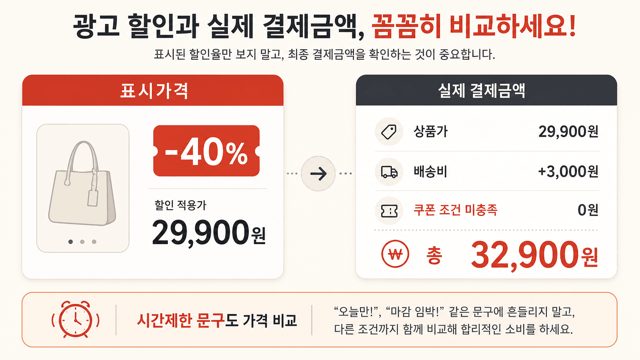 온라인 쇼핑 표시가격과 실제 결제금액을 비교하는 배송비 쿠폰 조건 최종가 안내 이미지