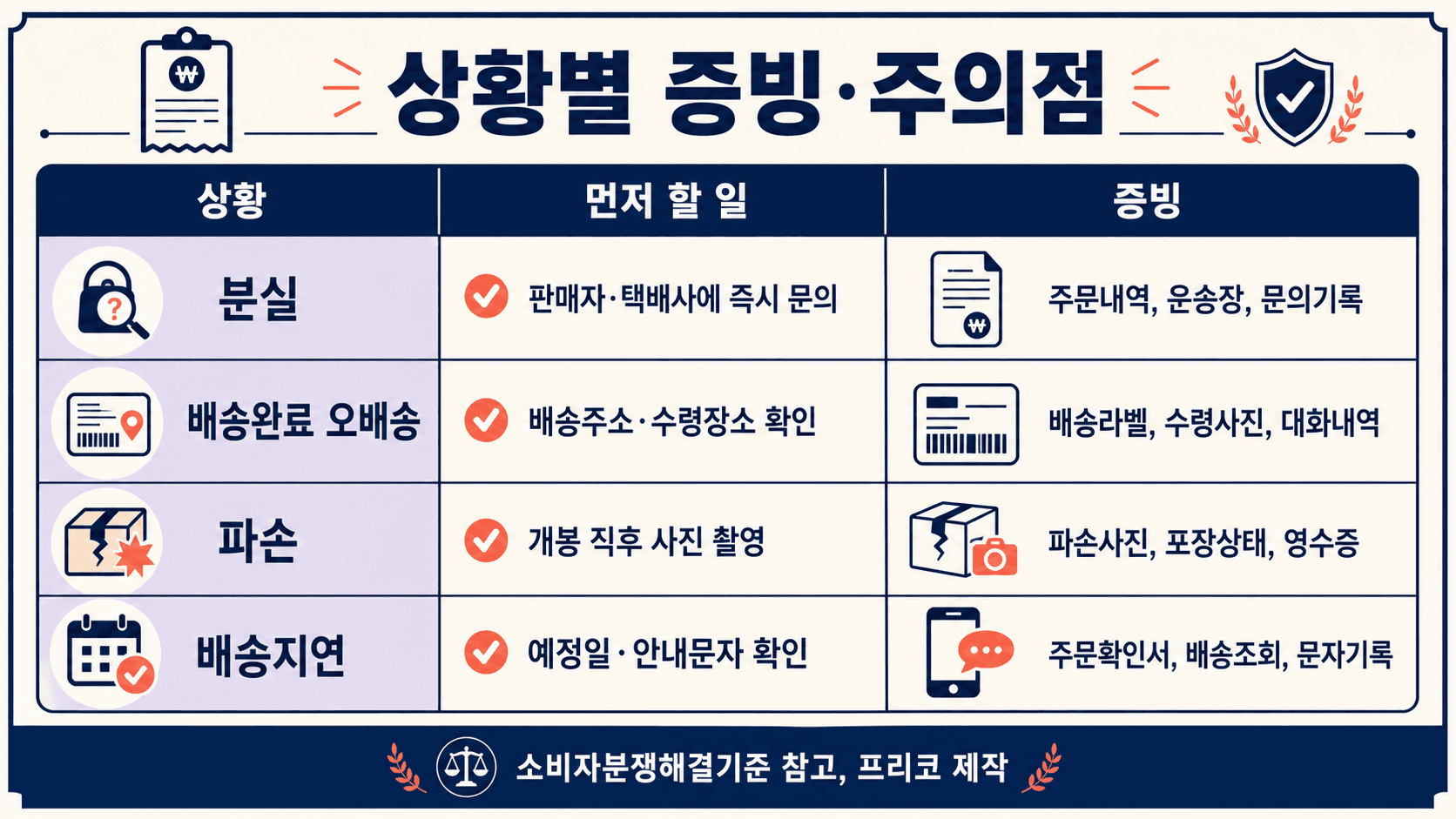택배 분실 배송완료 오배송 파손 배송지연 상황별 먼저 할 일과 증빙을 비교한 표 이미지