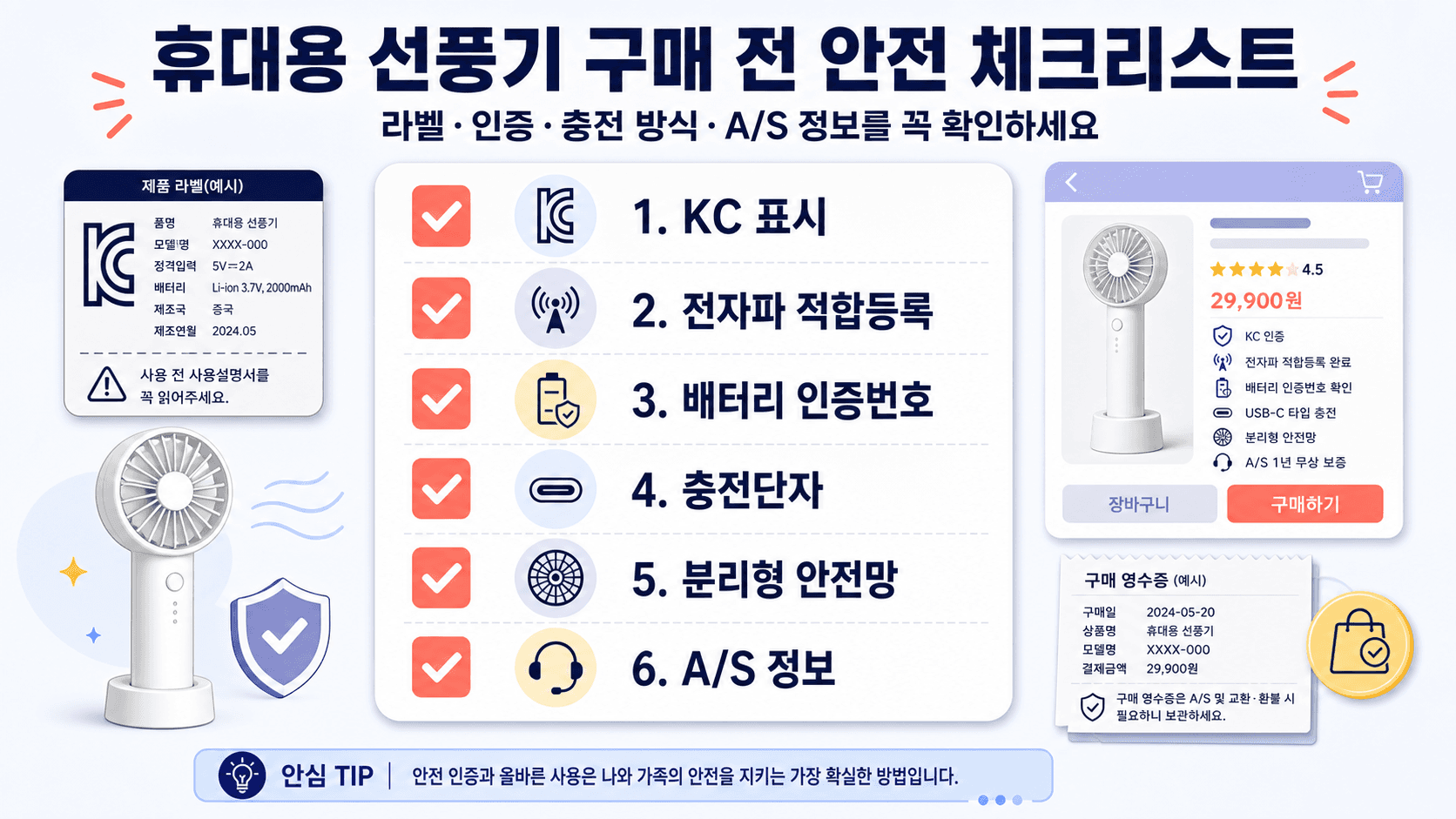 휴대용 선풍기 KC 표시 전자파 적합등록 배터리 인증번호 충전단자 안전망 A/S 체크리스트 이미지