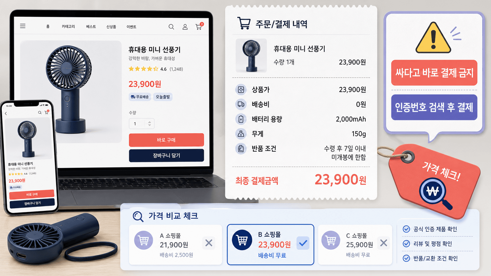 휴대용 선풍기 온라인 구매 영수증에서 상품가 배송비 배터리 용량 무게 반품 조건 최종 결제금액을 확인하는 이미지