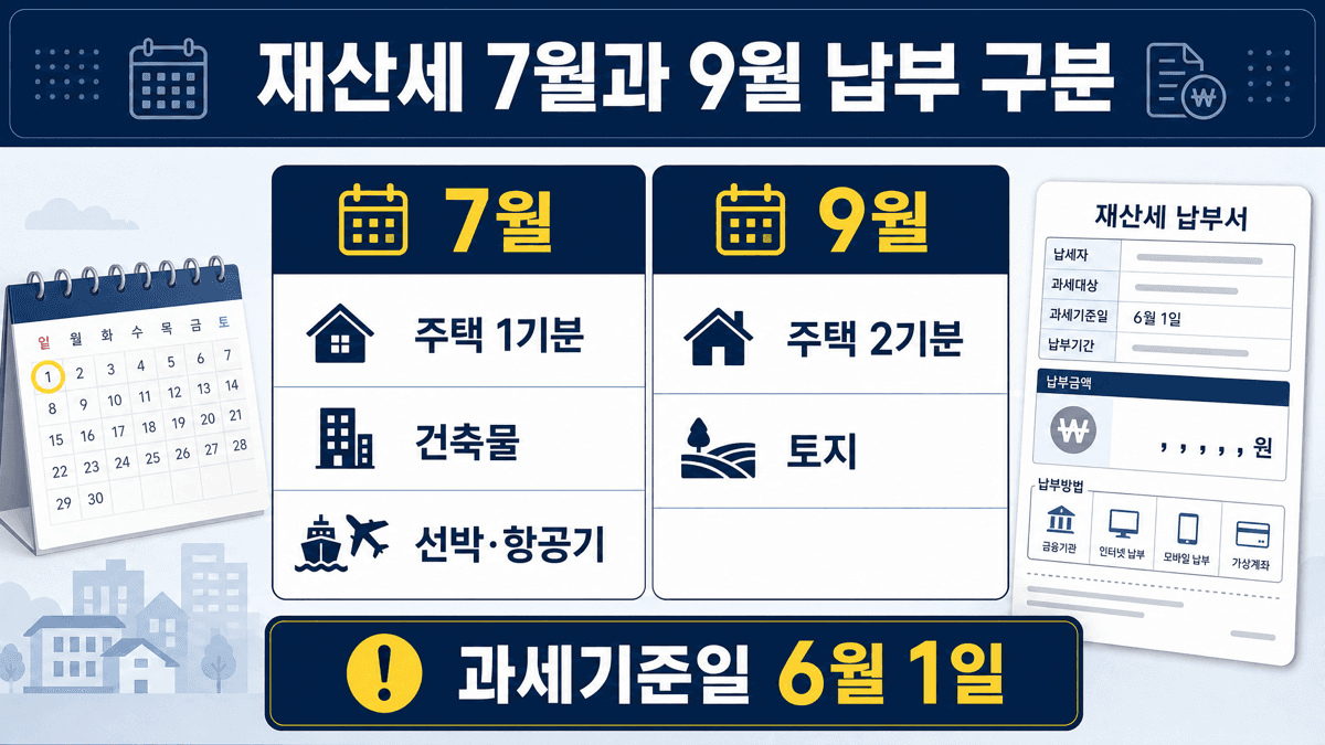 재산세 7월과 9월 납부 대상을 주택 1기분 건축물 선박 항공기 주택 2기분 토지로 나눠 보여주는 비교표 이미지