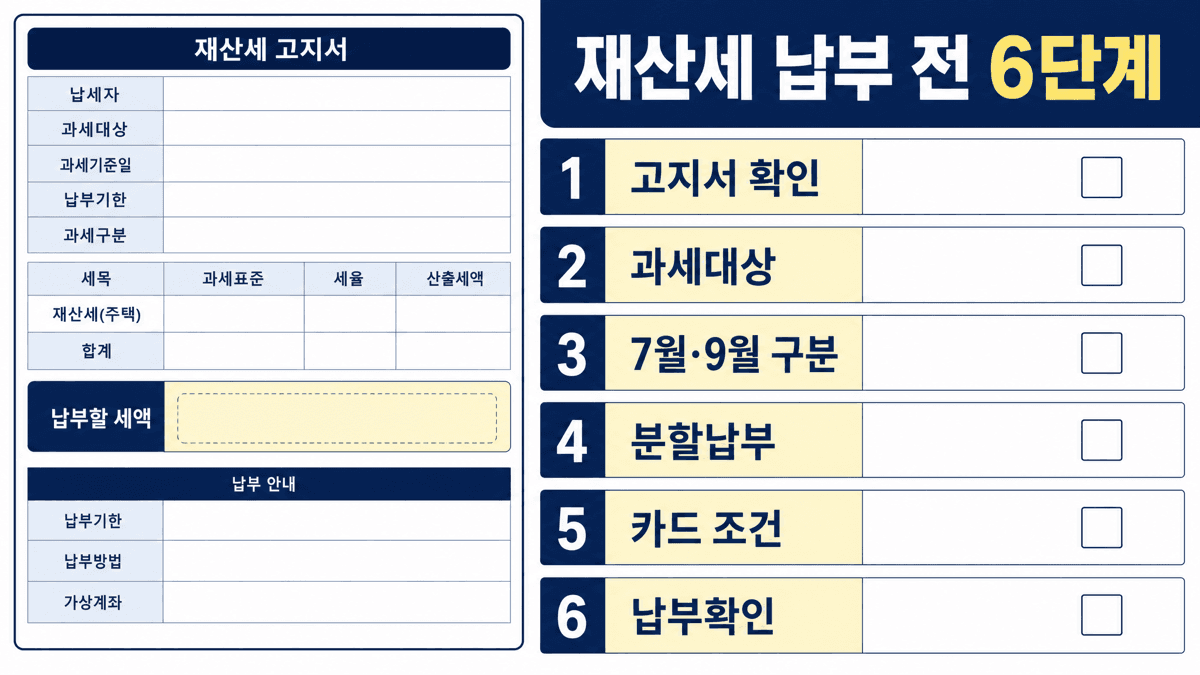 재산세 납부 전 고지서 과세대상 납부기한 분할납부 카드 조건 납부확인서를 점검하는 체크리스트 이미지