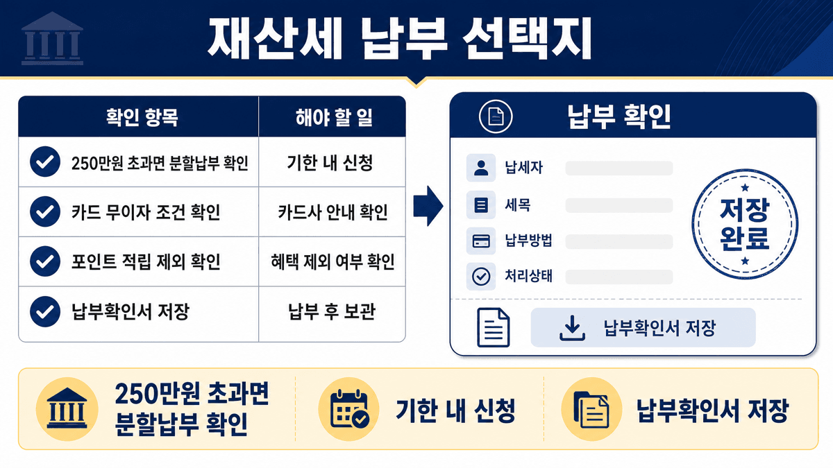 재산세 세액 250만원 초과 분할납부 카드 무이자 포인트 적립 제외 납부확인서 저장을 비교하는 납부 선택지 이미지