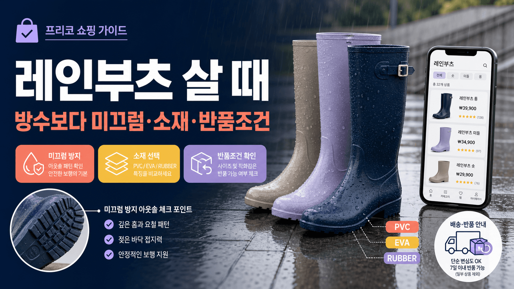 레인부츠 구매 전 밑창 미끄럼 소재 반품조건을 확인하는 프리코 쇼핑 가이드 이미지