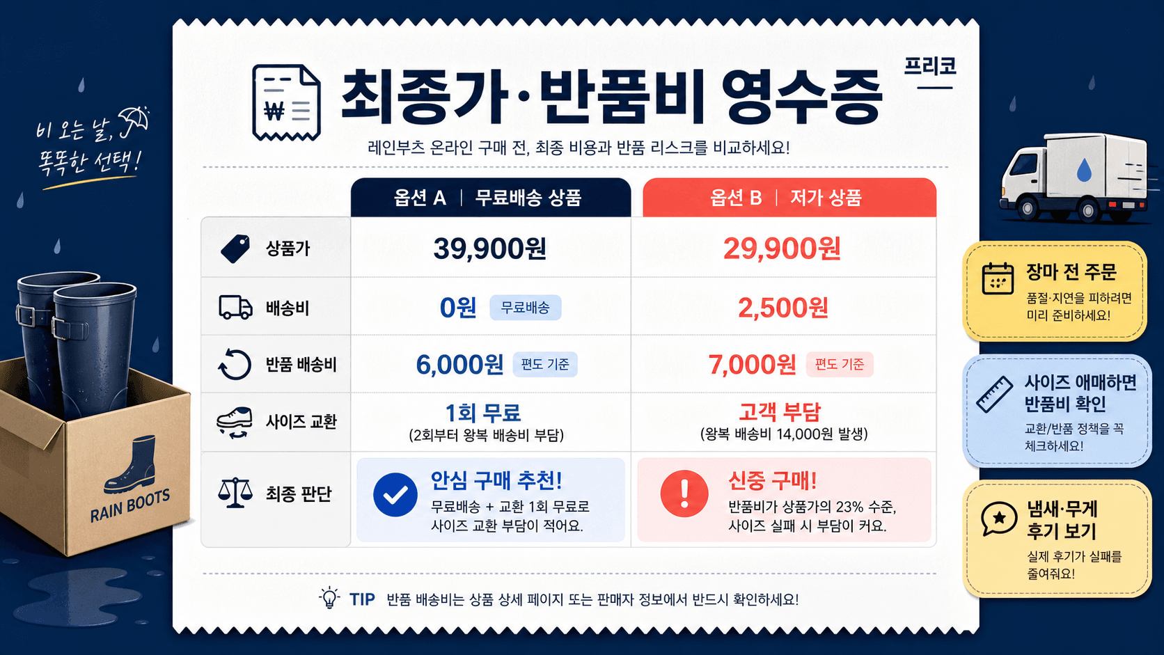 레인부츠 온라인 구매 전 상품가 배송비 반품 배송비 사이즈 교환 비용을 포함해 최종가를 계산하는 영수증 이미지