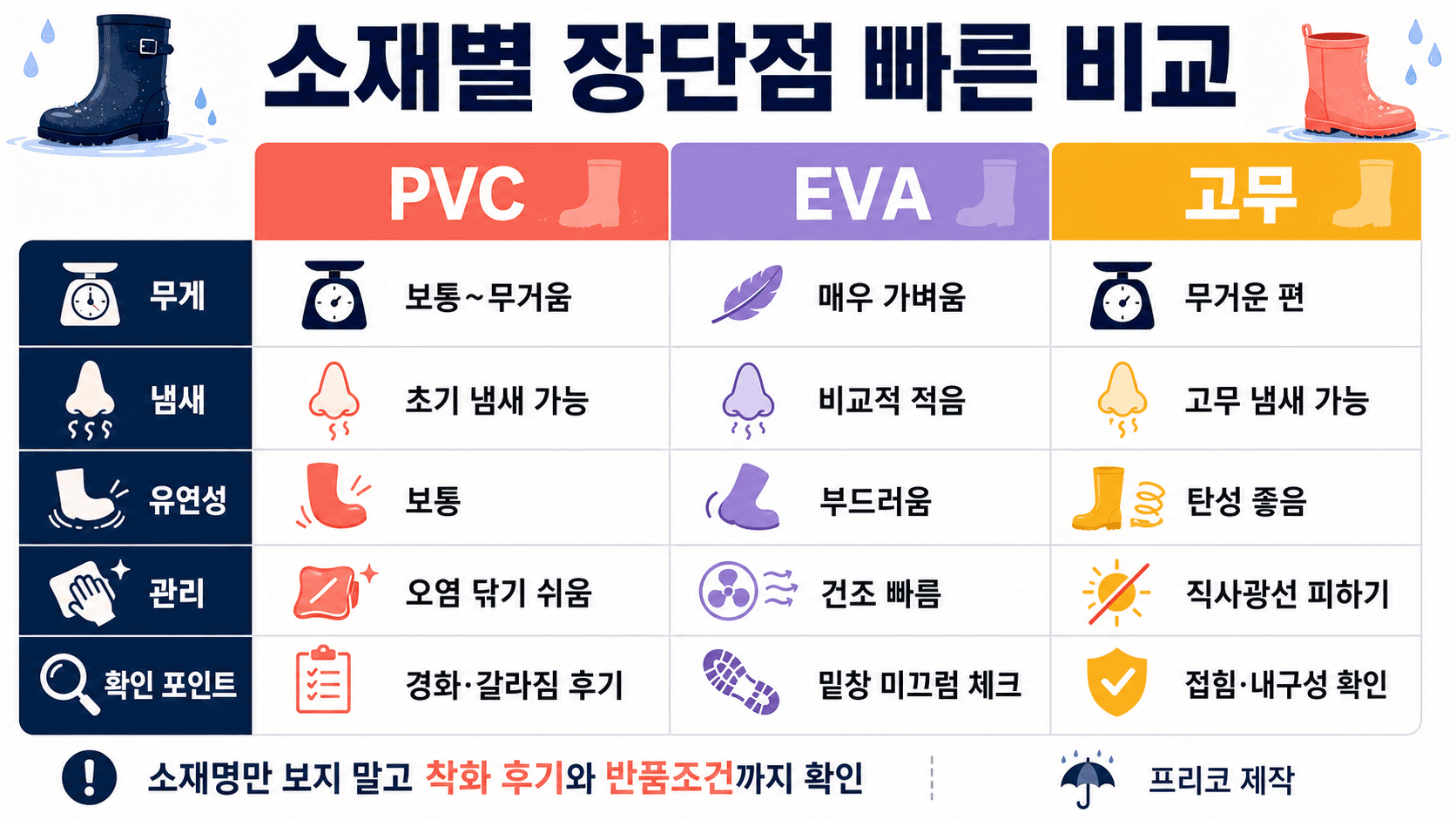 레인부츠 PVC EVA 고무 소재별 무게 냄새 유연성 관리 확인 포인트를 비교하는 표 이미지