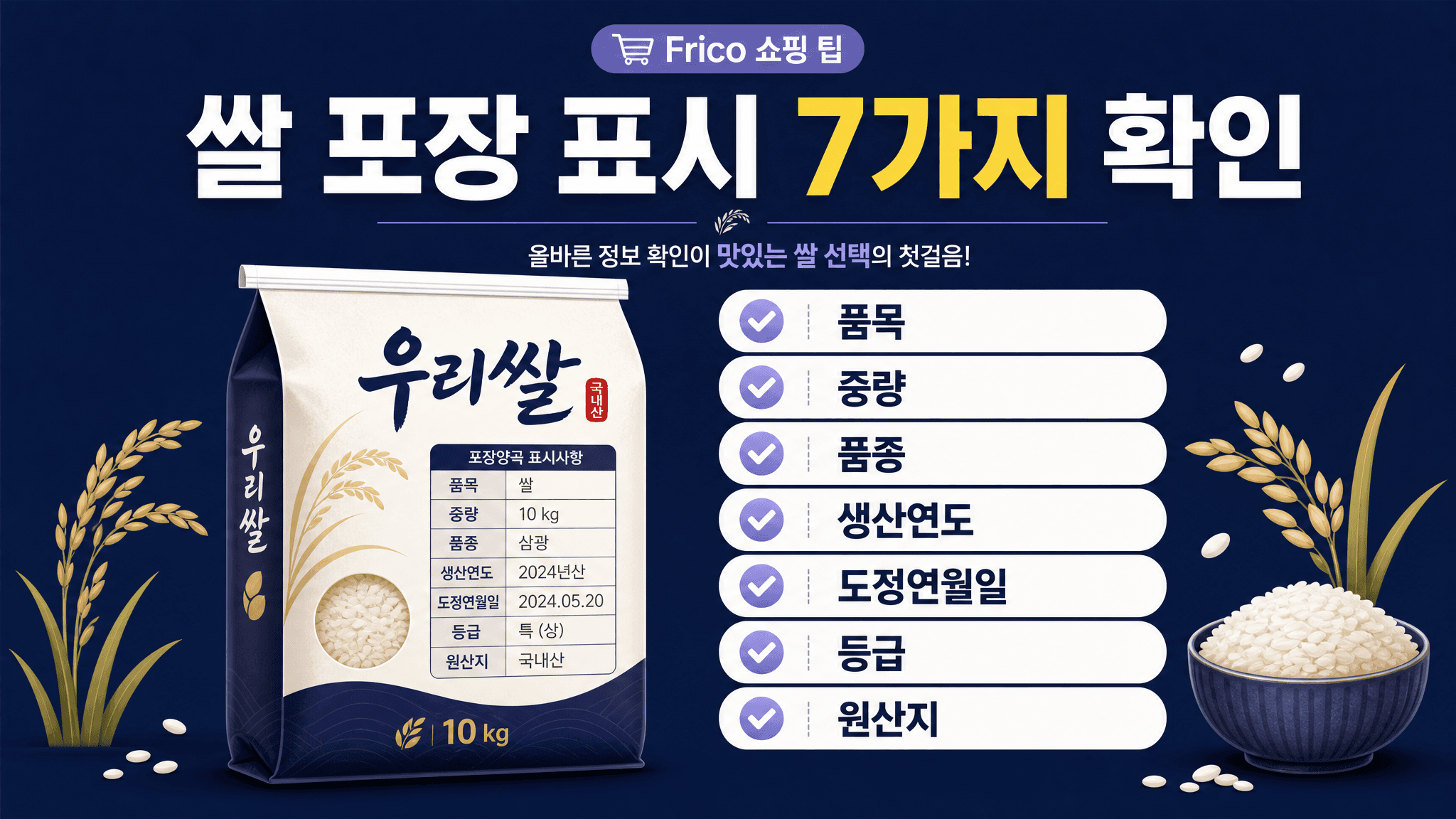 쌀 온라인 구매 전 품목 중량 품종 생산연도 도정연월일 등급 원산지 판매원 정보를 확인하는 체크리스트 이미지
