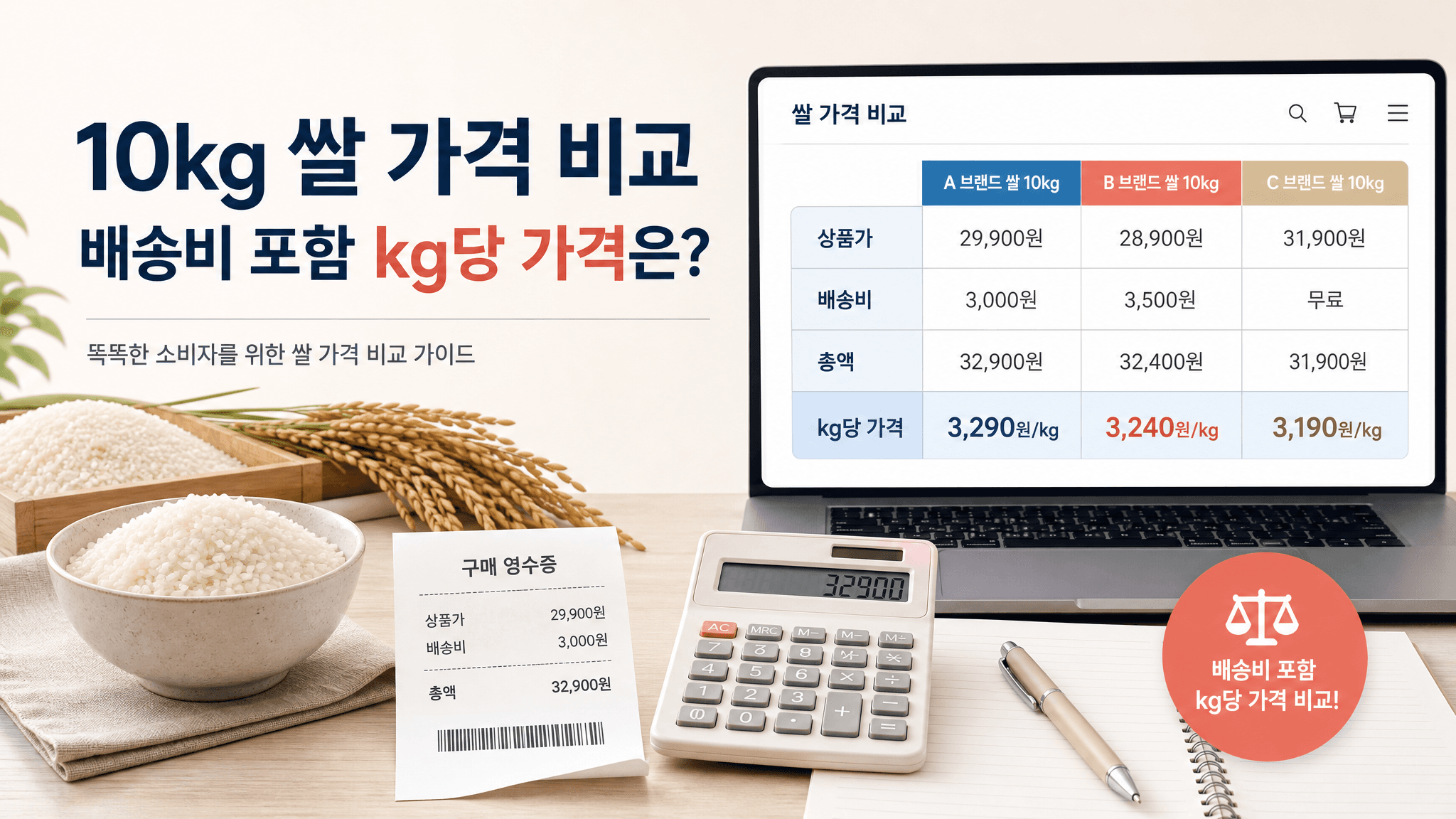 쌀 10kg 20kg 4kg 5kg 정기배송 상품을 배송비 포함 kg당 가격과 도정일 기준으로 비교하는 가격표 이미지