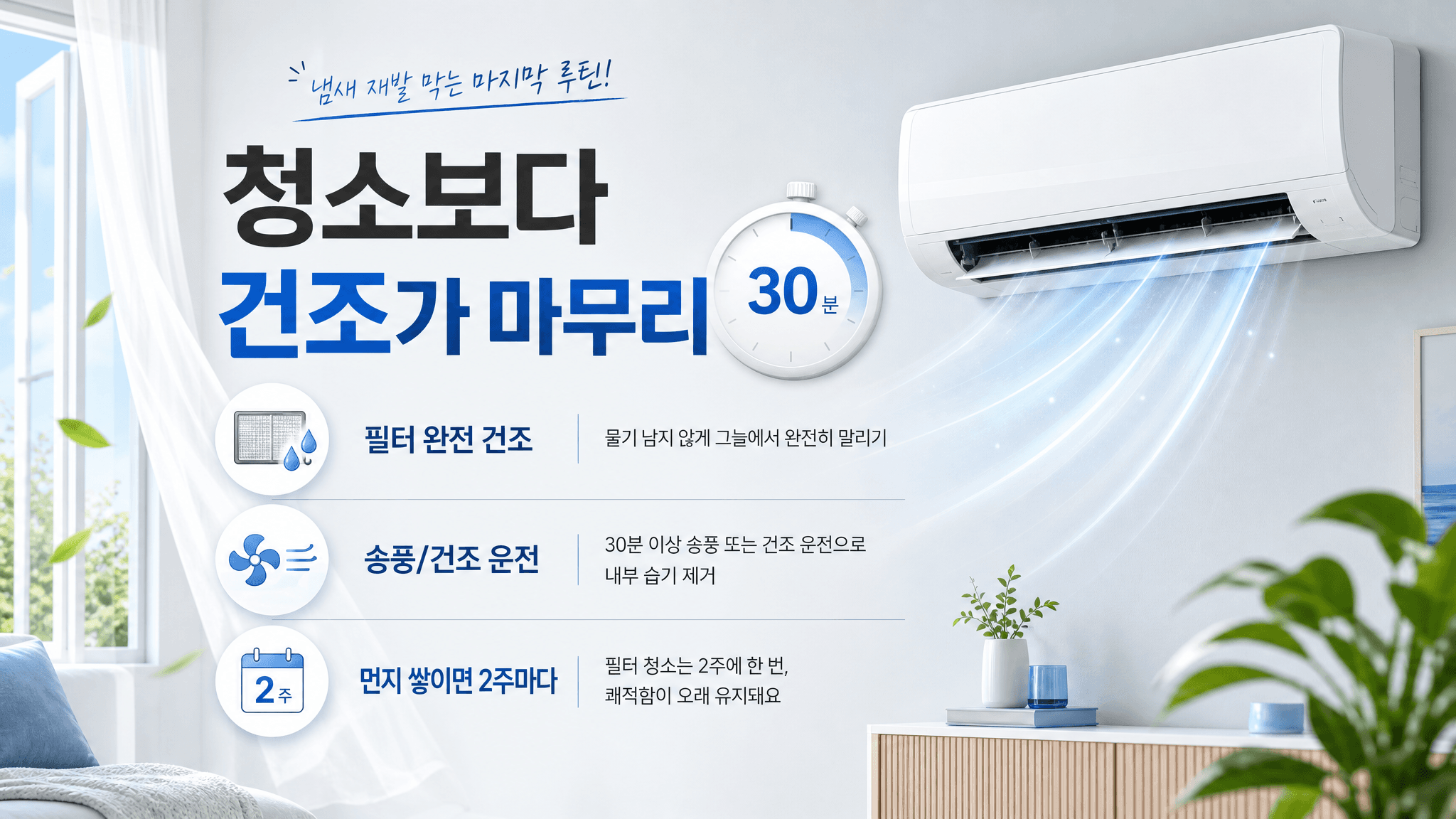 에어컨 청소 후 필터 완전 건조 송풍 또는 건조 운전 2주마다 먼지 확인 루틴을 보여주는 이미지