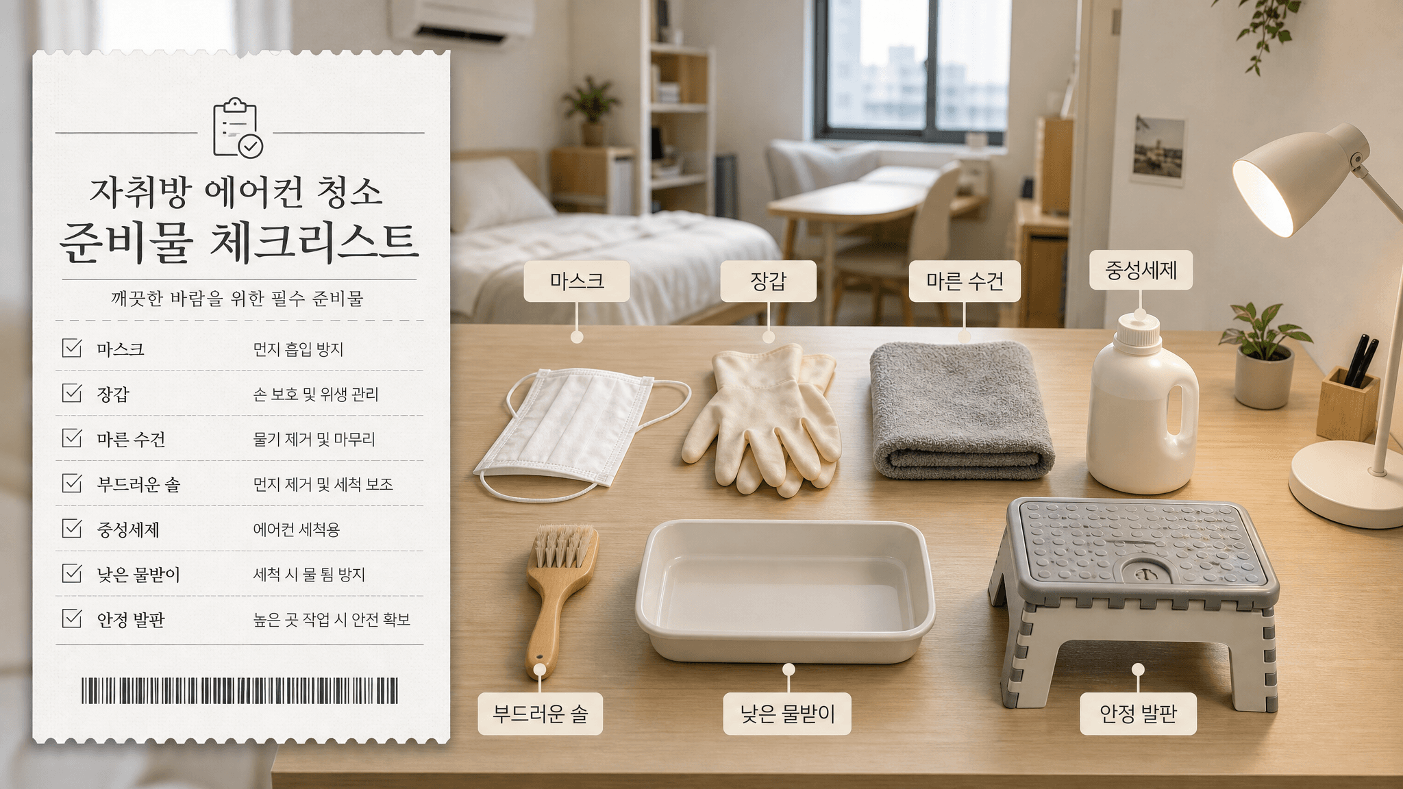 자취방 에어컨 셀프청소 준비물인 마스크 장갑 수건 부드러운 솔 중성세제 물받이 발판을 정리한 체크리스트 이미지