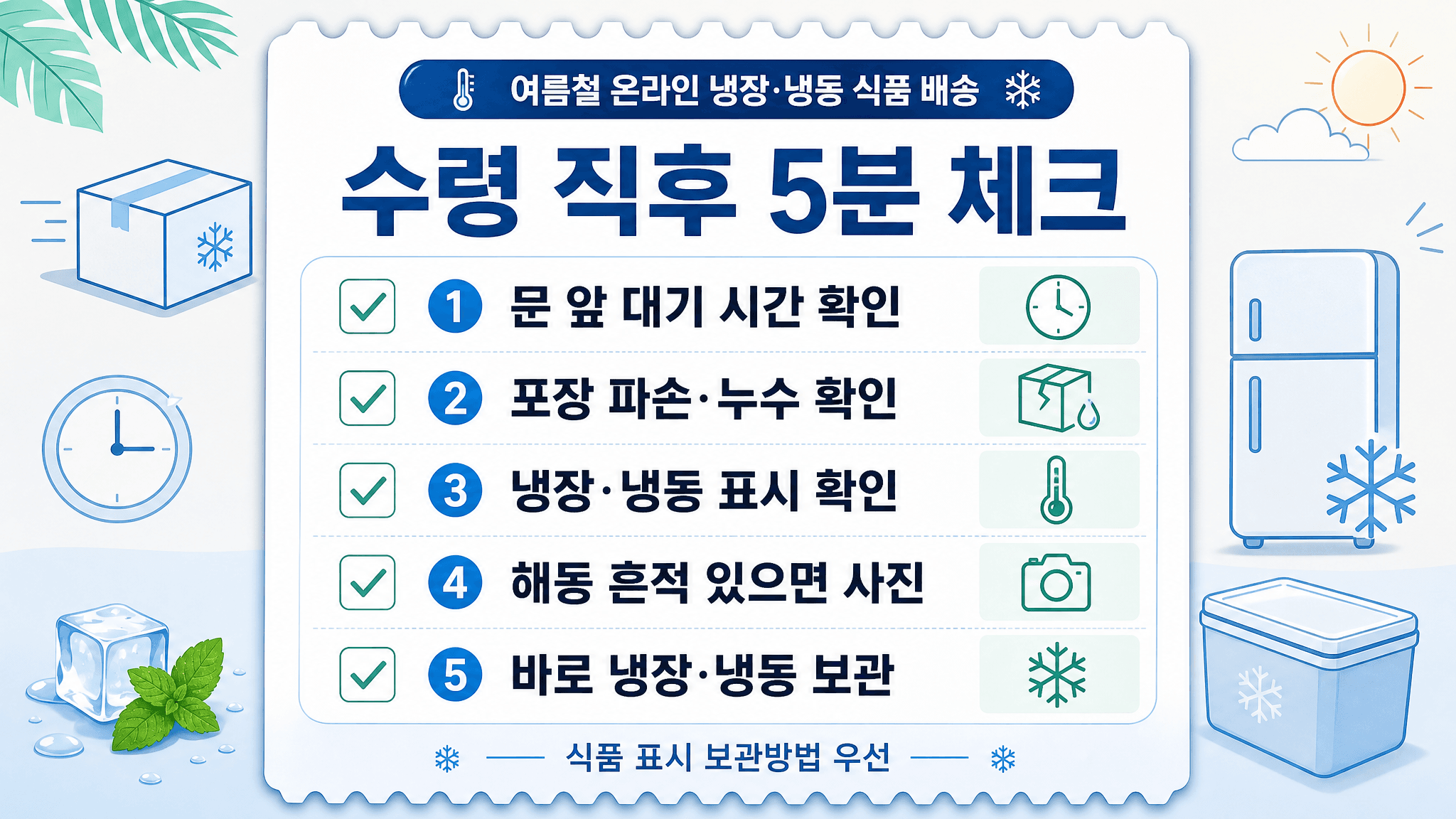여름 냉장 냉동식품 배송을 받은 직후 문 앞 대기 시간 포장 파손 냉장 냉동 표시 해동 흔적 즉시 보관을 확인하는 체크리스트 이미지