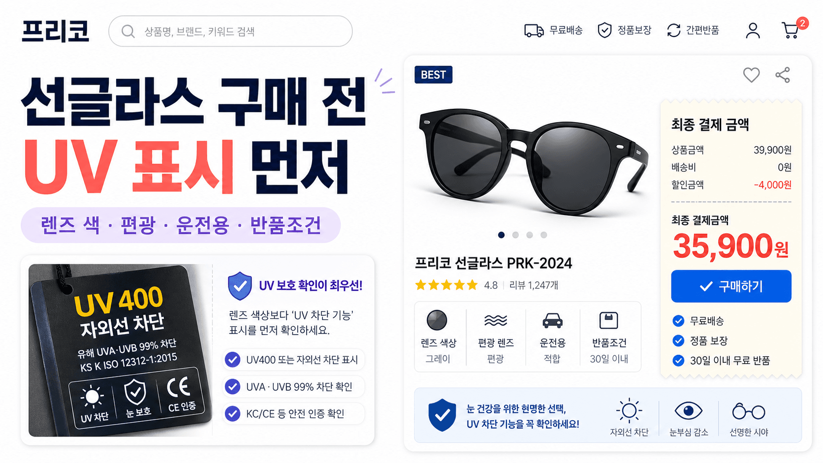 선글라스 구매 전 UV 표시 렌즈 색 운전용 반품조건을 확인하는 프리코 쇼핑 가이드 이미지