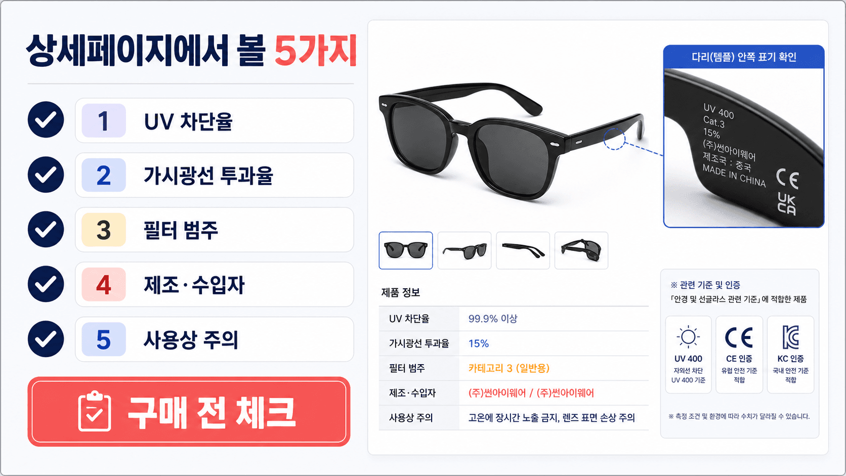 선글라스 상세페이지에서 UV 차단율 가시광선 투과율 필터 범주 제조 수입자 사용상 주의를 확인하는 체크리스트 이미지