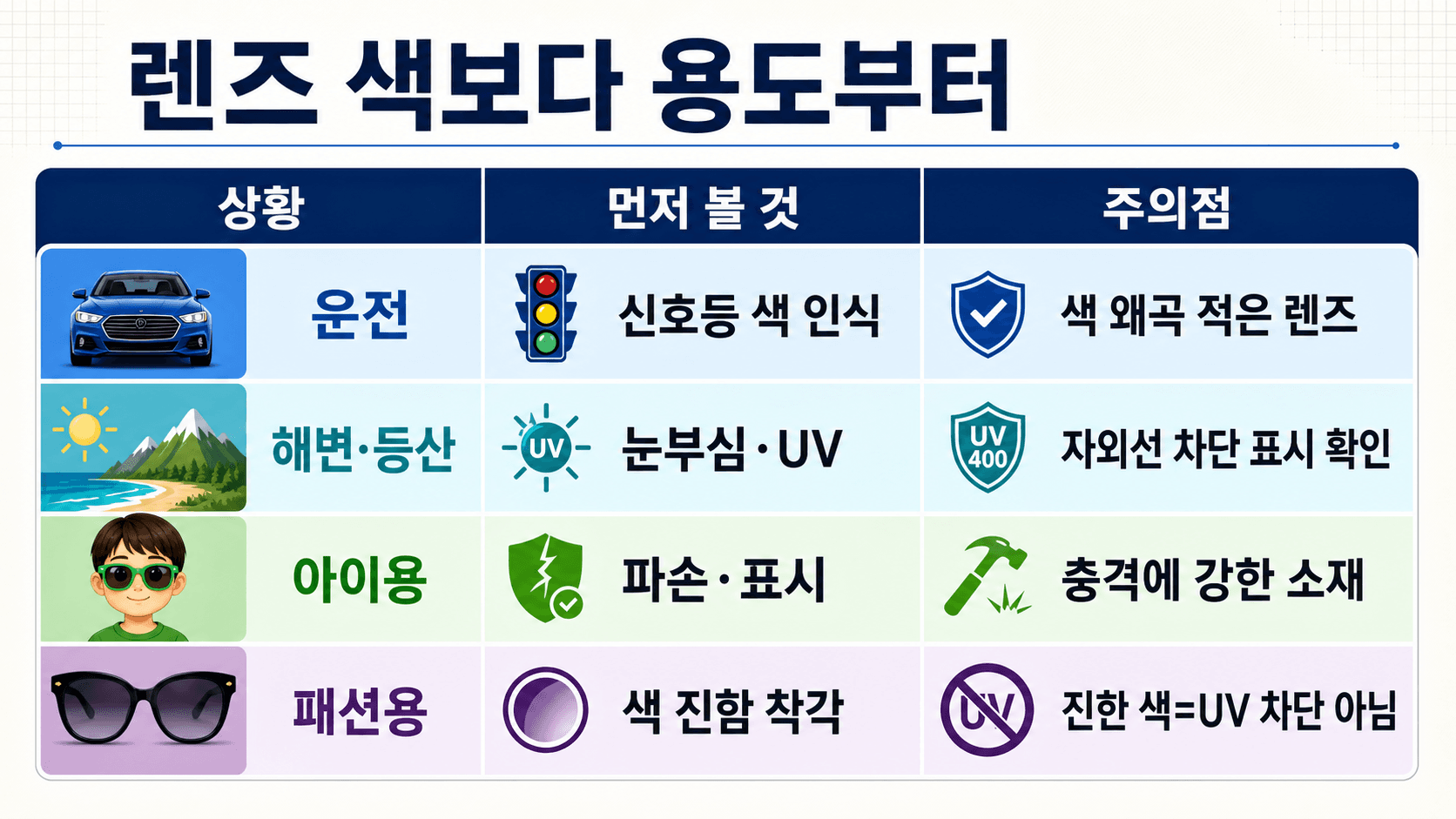 운전 해변 등산 아이용 패션용 선글라스 렌즈 선택 기준과 주의점을 비교한 표 이미지